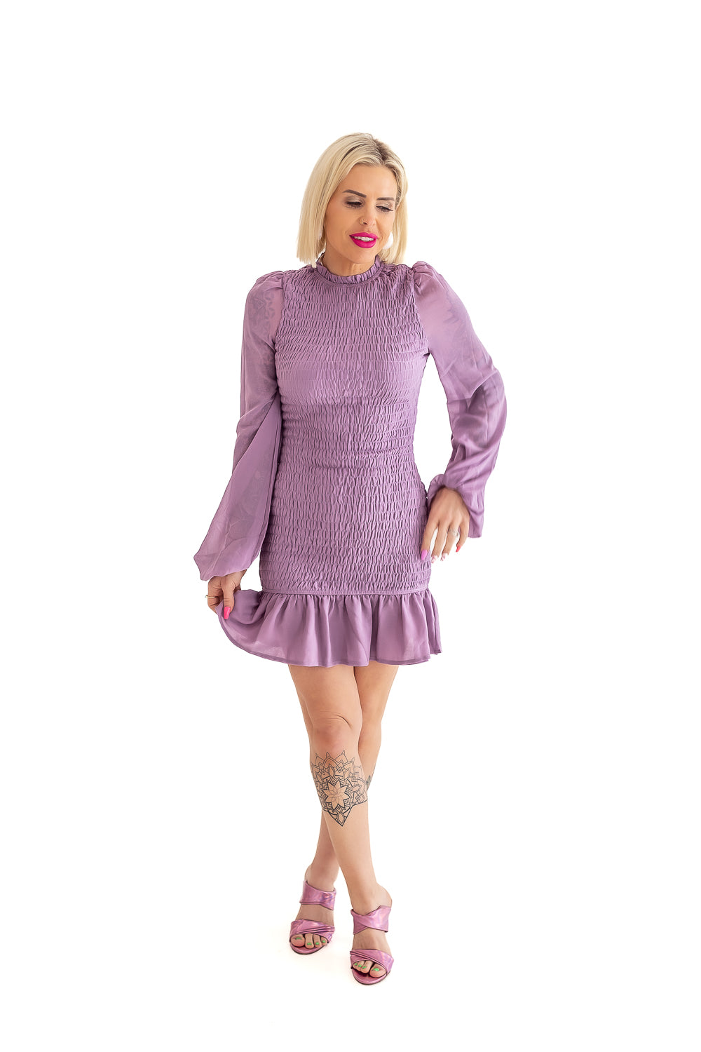 Adore Me Lavender Elastic Ruching Dress with Sheer Sleeves- D07