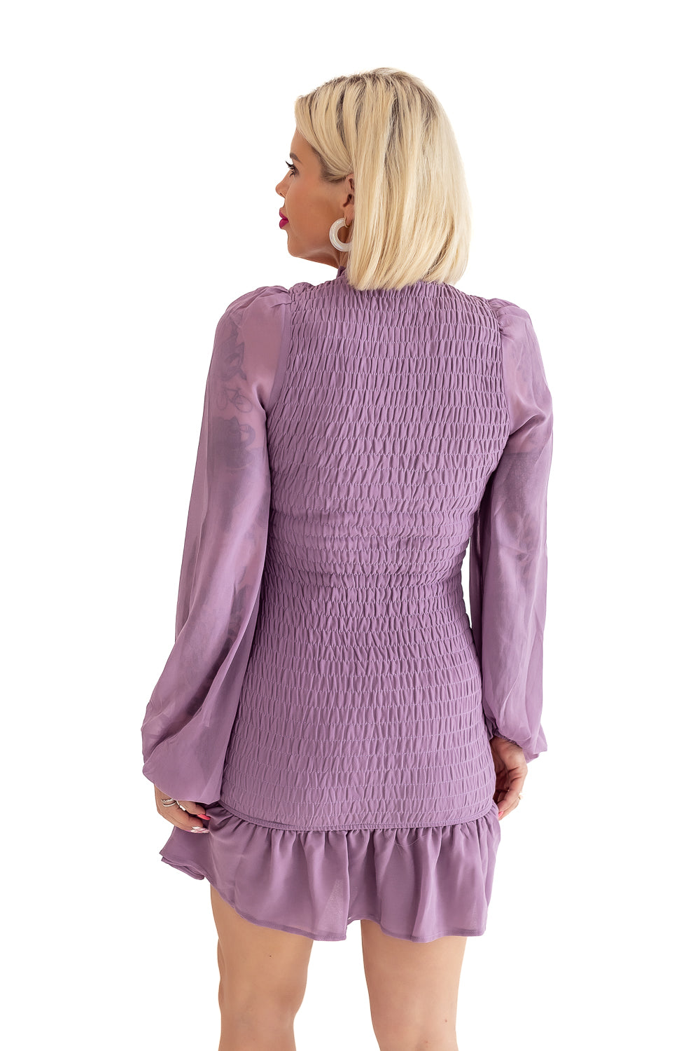 Adore Me Lavender Elastic Ruching Dress with Sheer Sleeves- D07