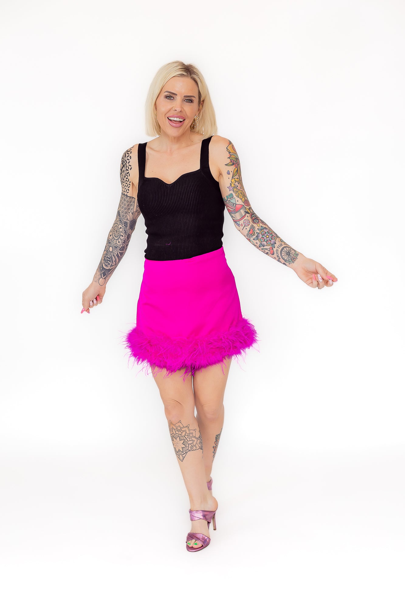 True Queen Hot Pink High Waisted Mini Skirt with Feather Hem -P21