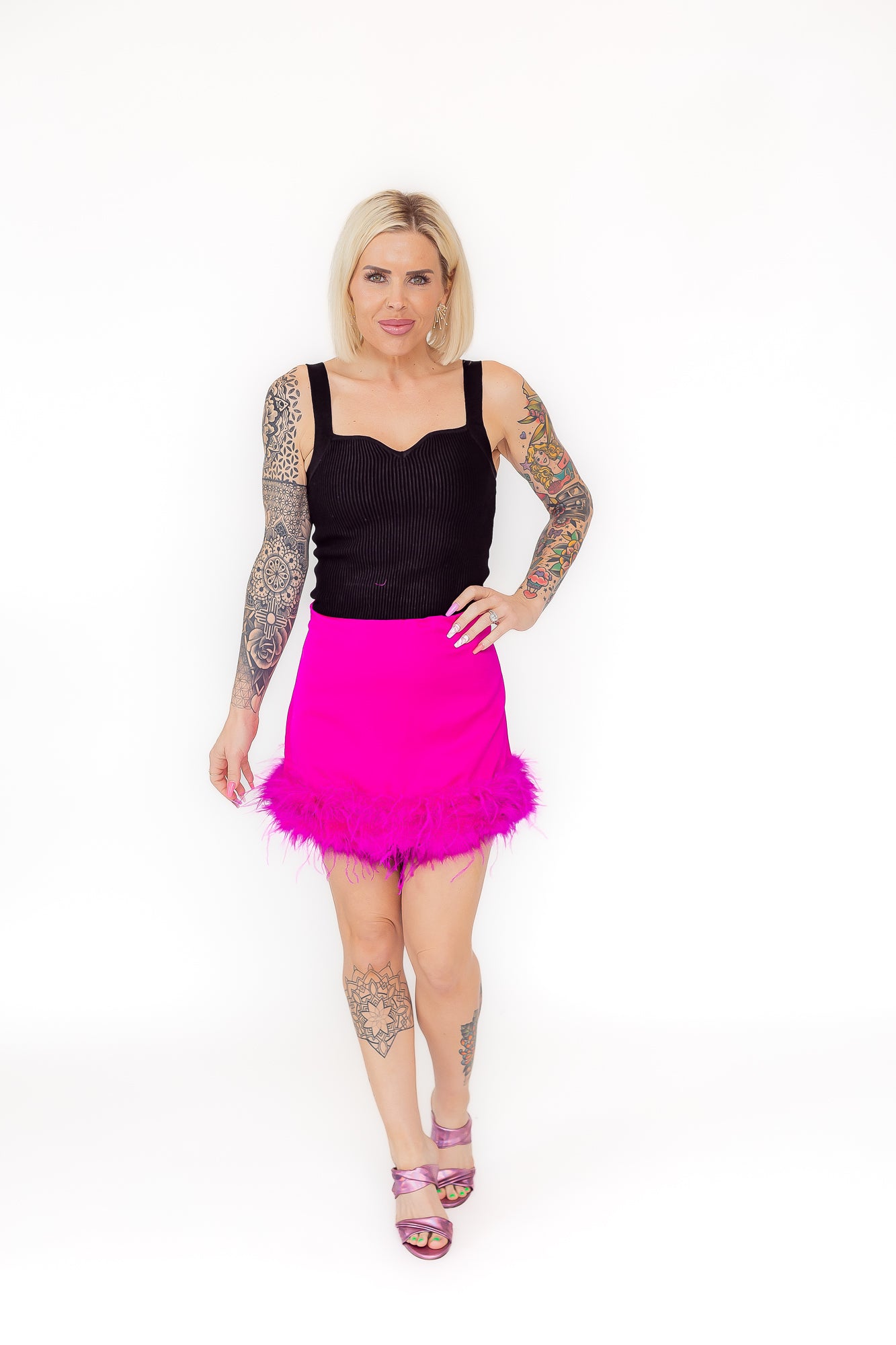 True Queen Hot Pink High Waisted Mini Skirt with Feather Hem -P21