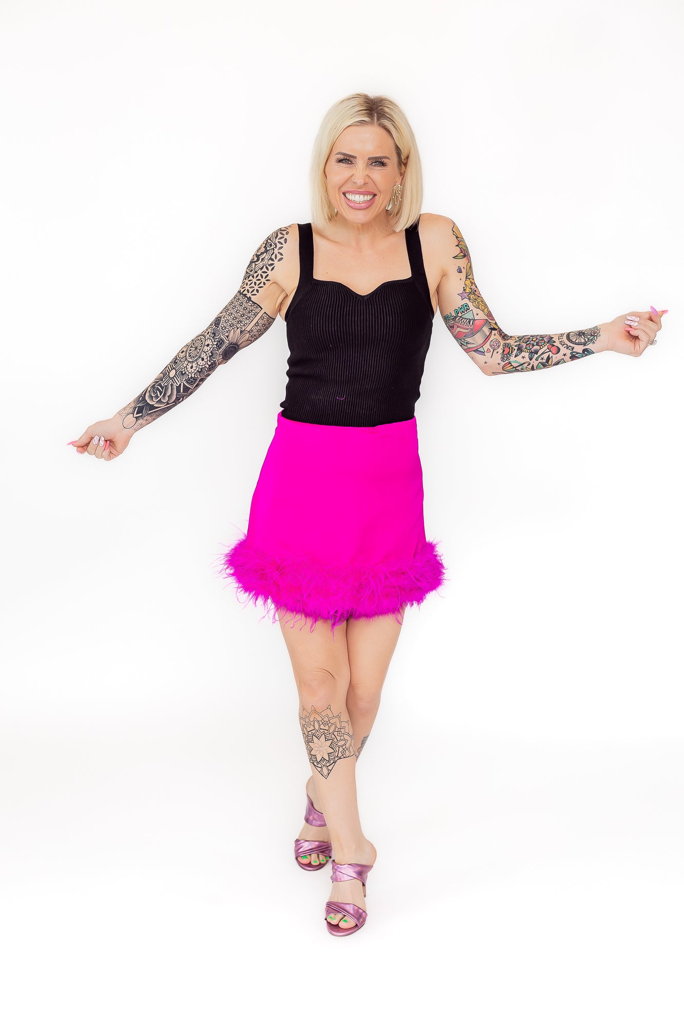 True Queen Hot Pink High Waisted Mini Skirt with Feather Hem -P21