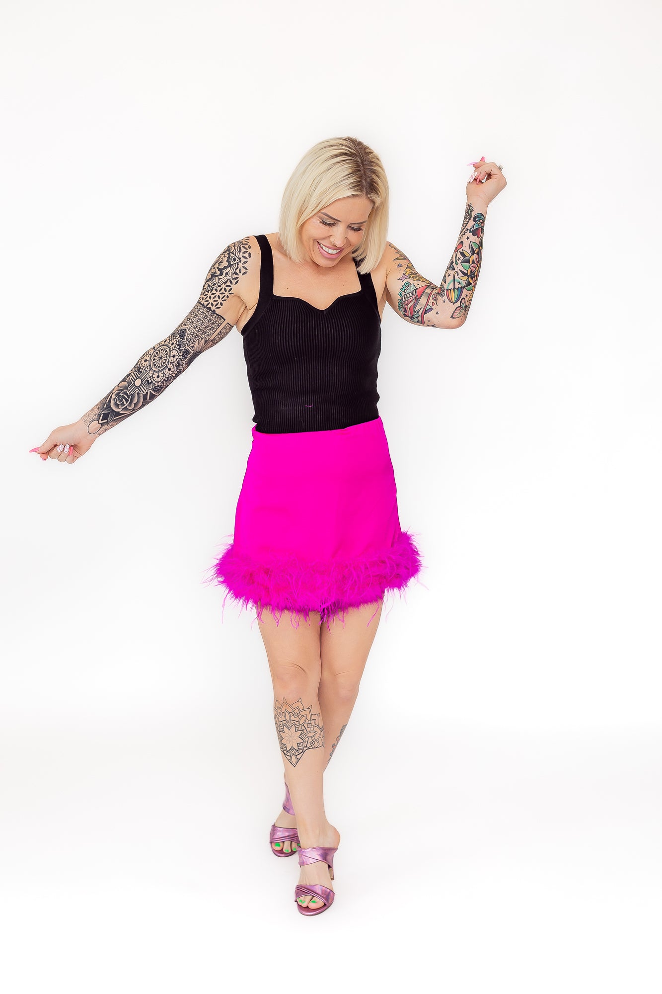 True Queen Hot Pink High Waisted Mini Skirt with Feather Hem -P21