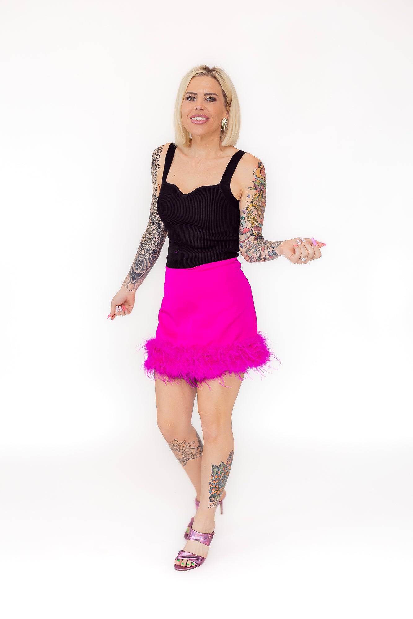 True Queen Hot Pink High Waisted Mini Skirt with Feather Hem -P21