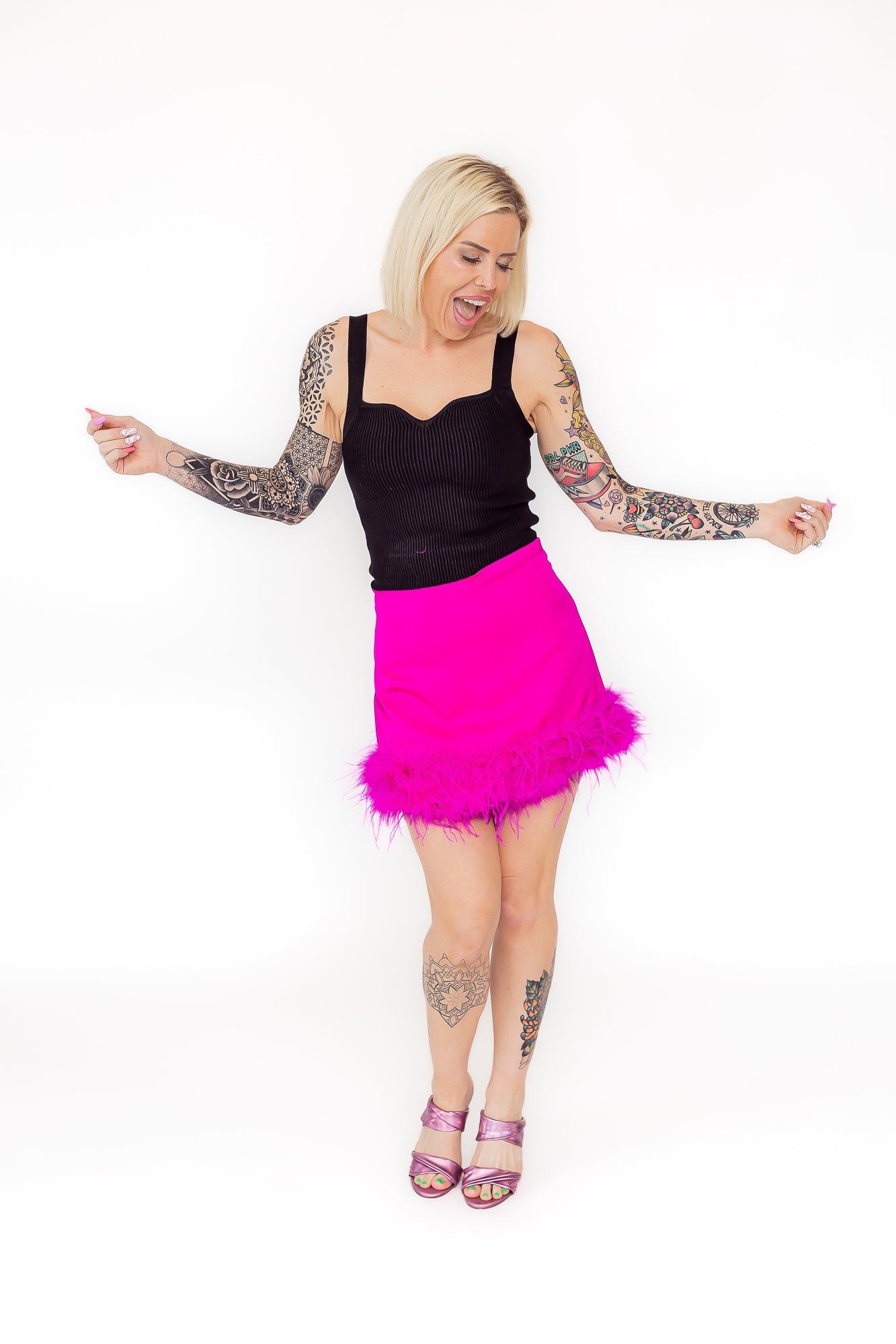 True Queen Hot Pink High Waisted Mini Skirt with Feather Hem -P21