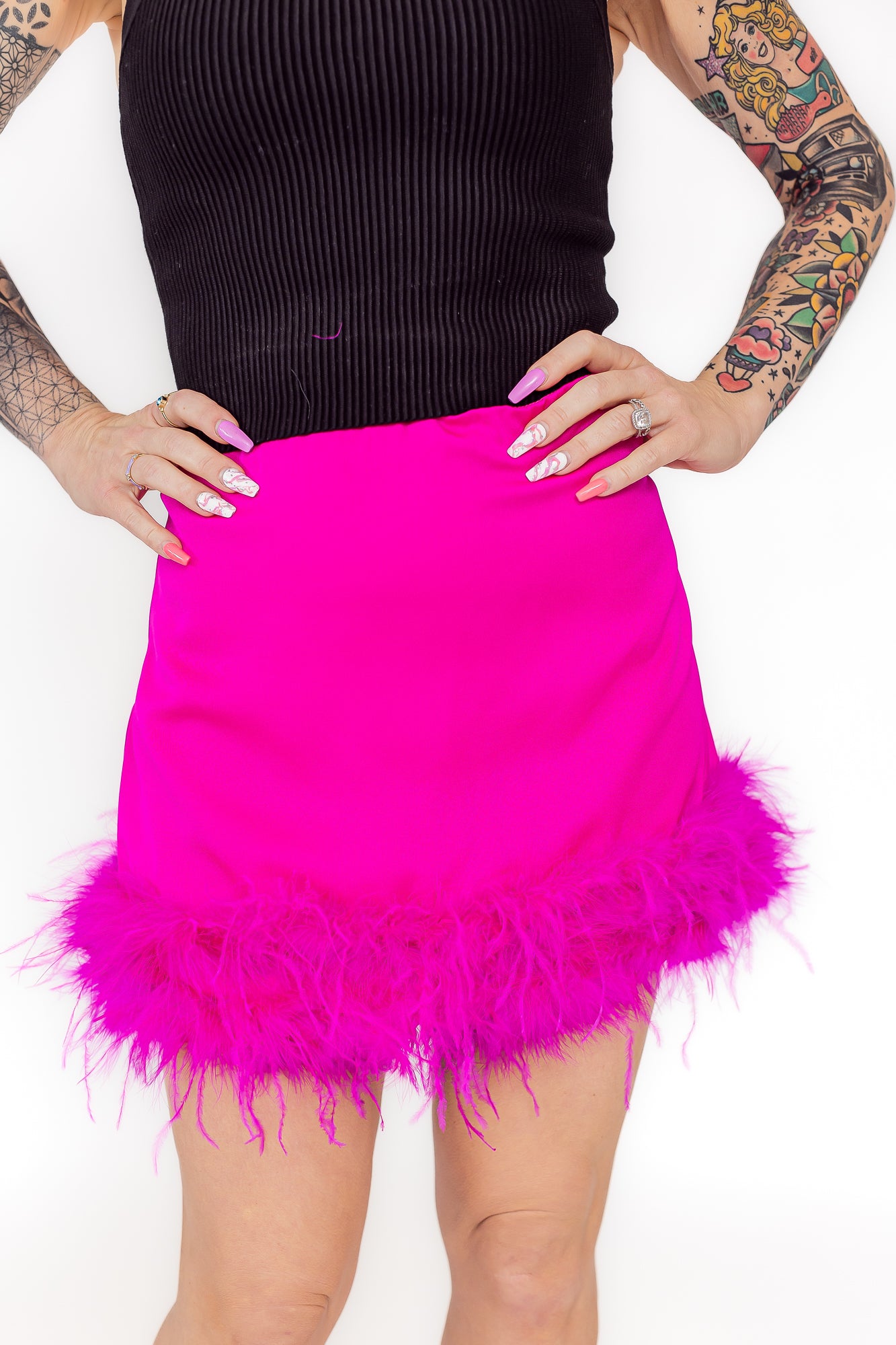 True Queen Hot Pink High Waisted Mini Skirt with Feather Hem -P21