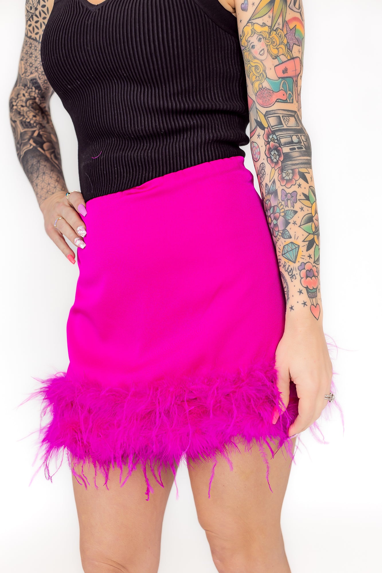 True Queen Hot Pink High Waisted Mini Skirt with Feather Hem -P21