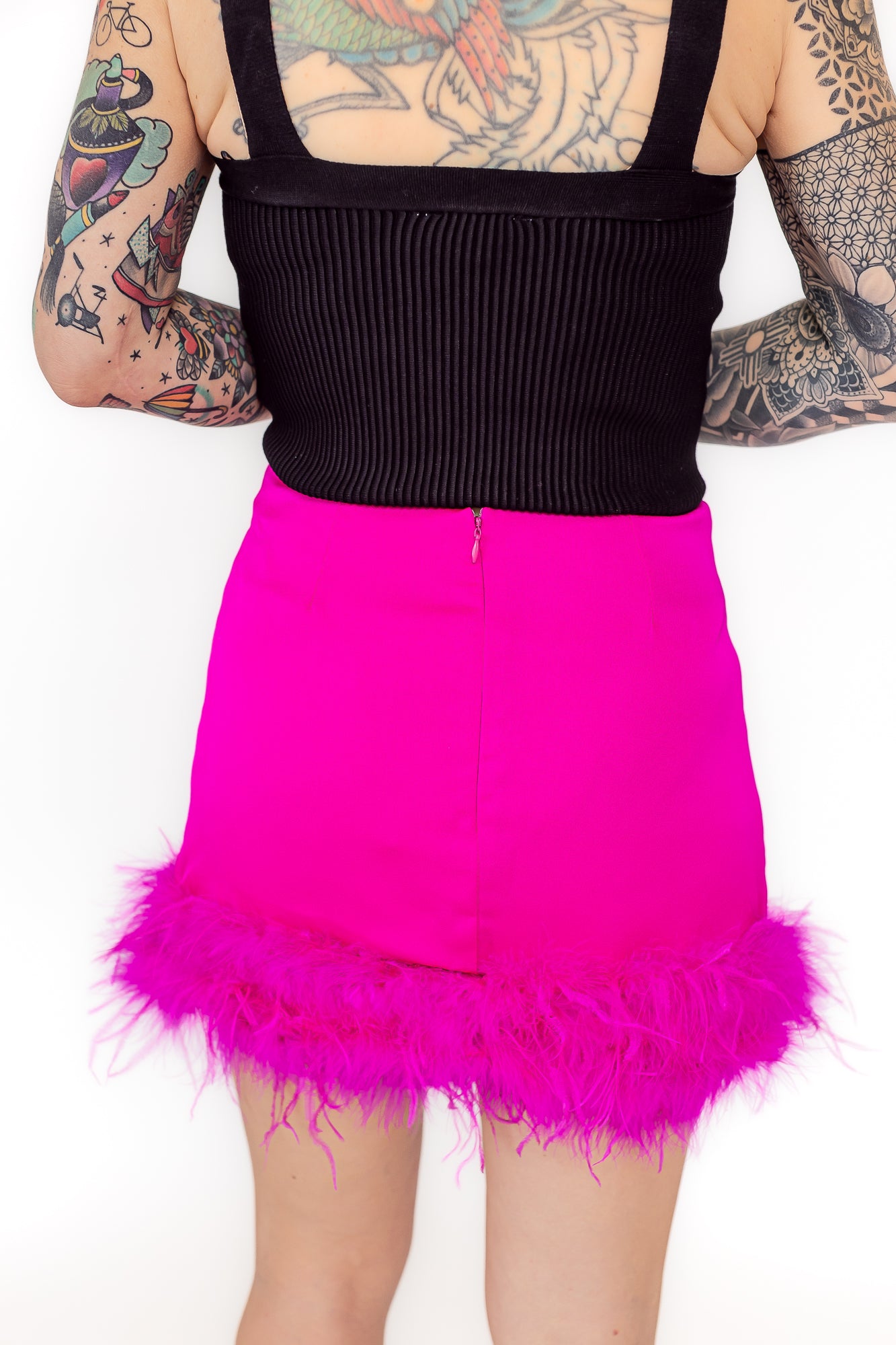 True Queen Hot Pink High Waisted Mini Skirt with Feather Hem -P21