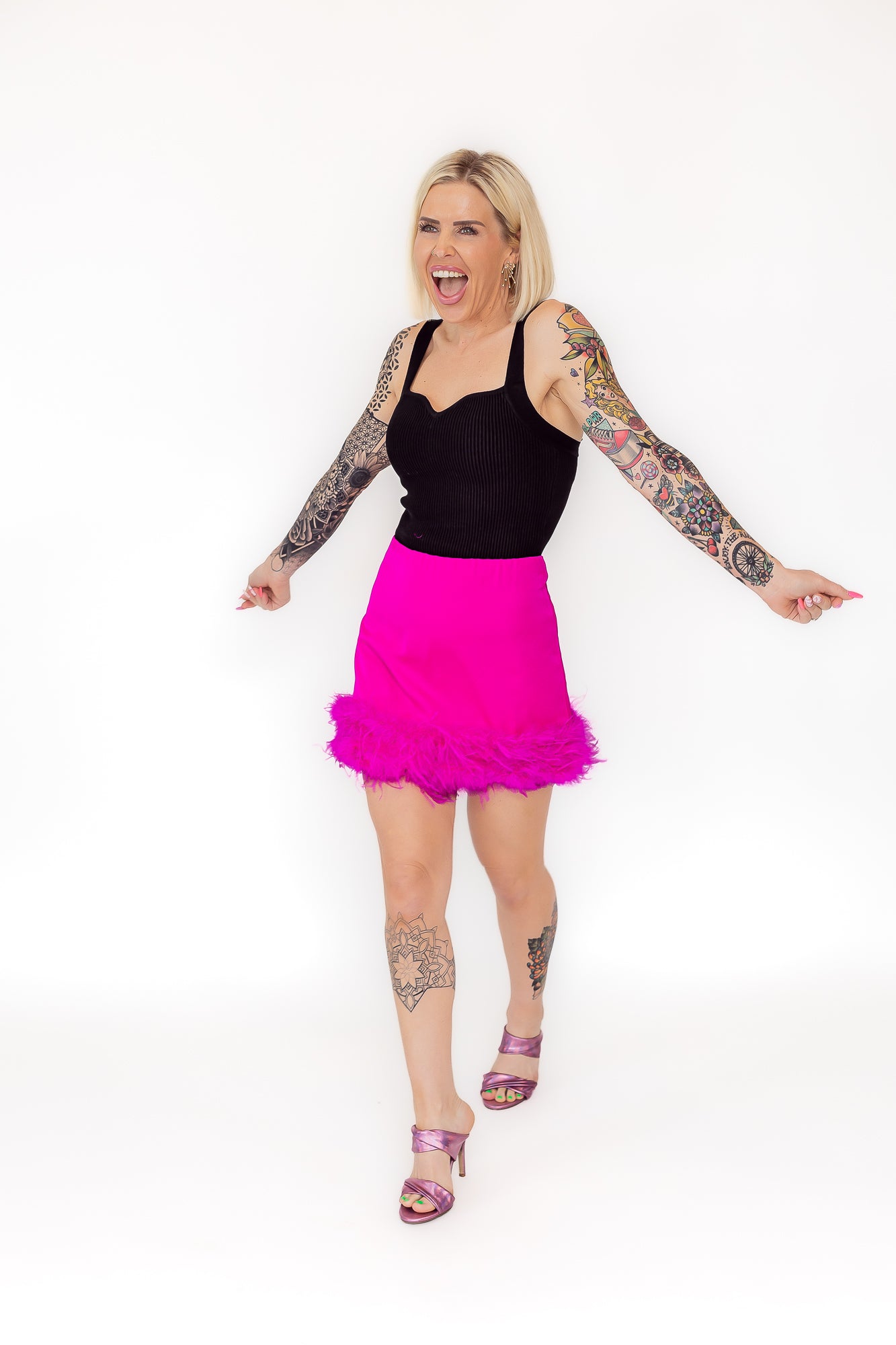 True Queen Hot Pink High Waisted Mini Skirt with Feather Hem -P21