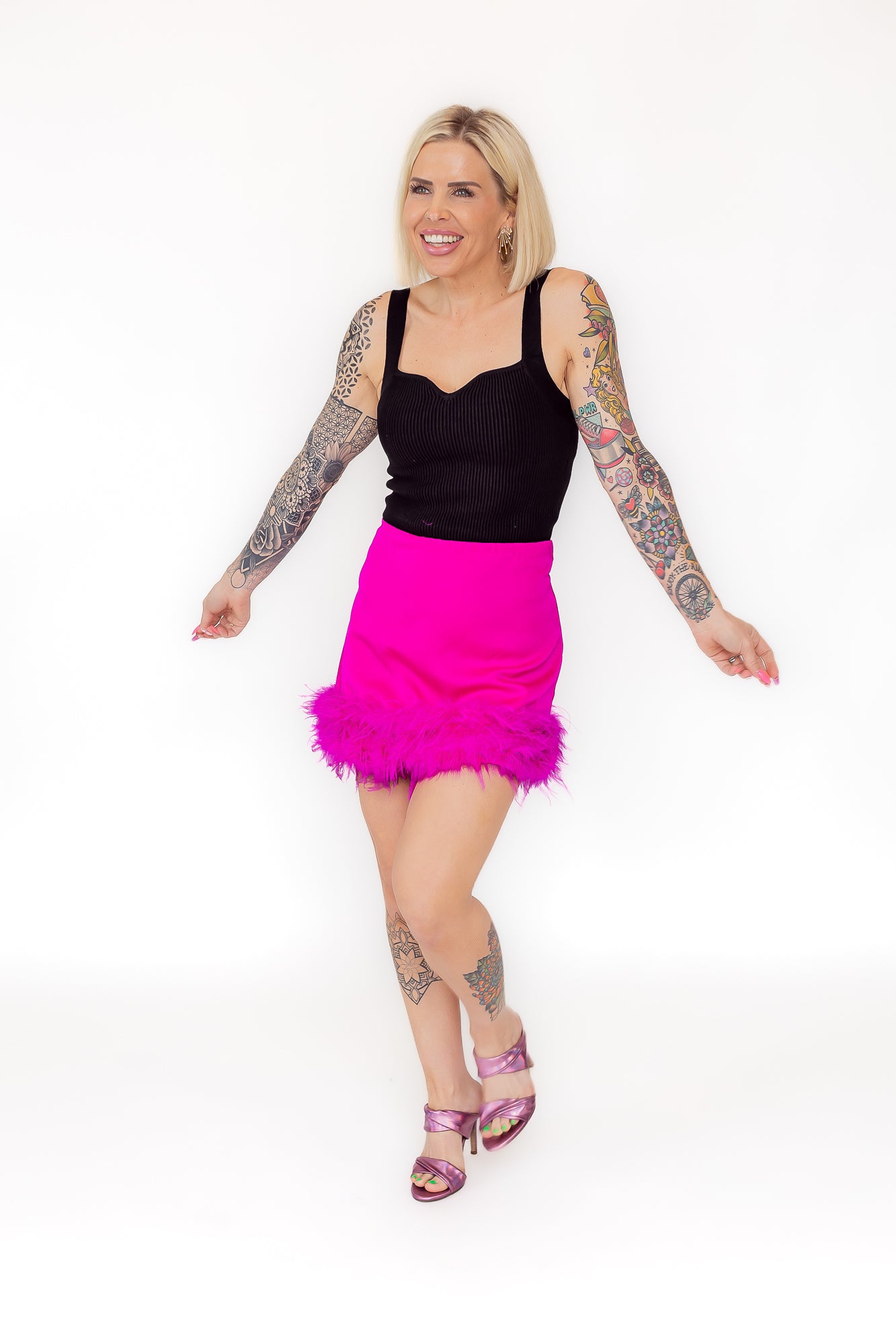 True Queen Hot Pink High Waisted Mini Skirt with Feather Hem -P21