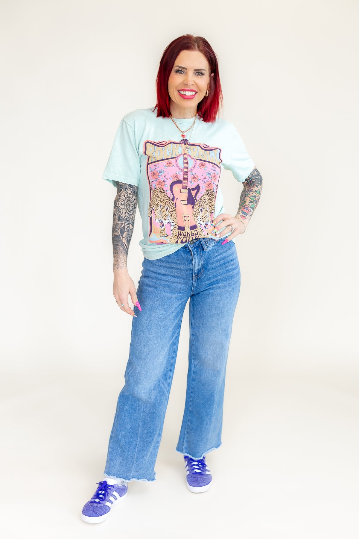 Rock N' Roll World Tour Mint Leopard Graphic Tee - T229