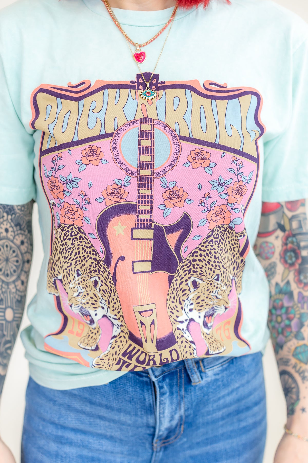 Rock N' Roll World Tour Mint Leopard Graphic Tee - T229