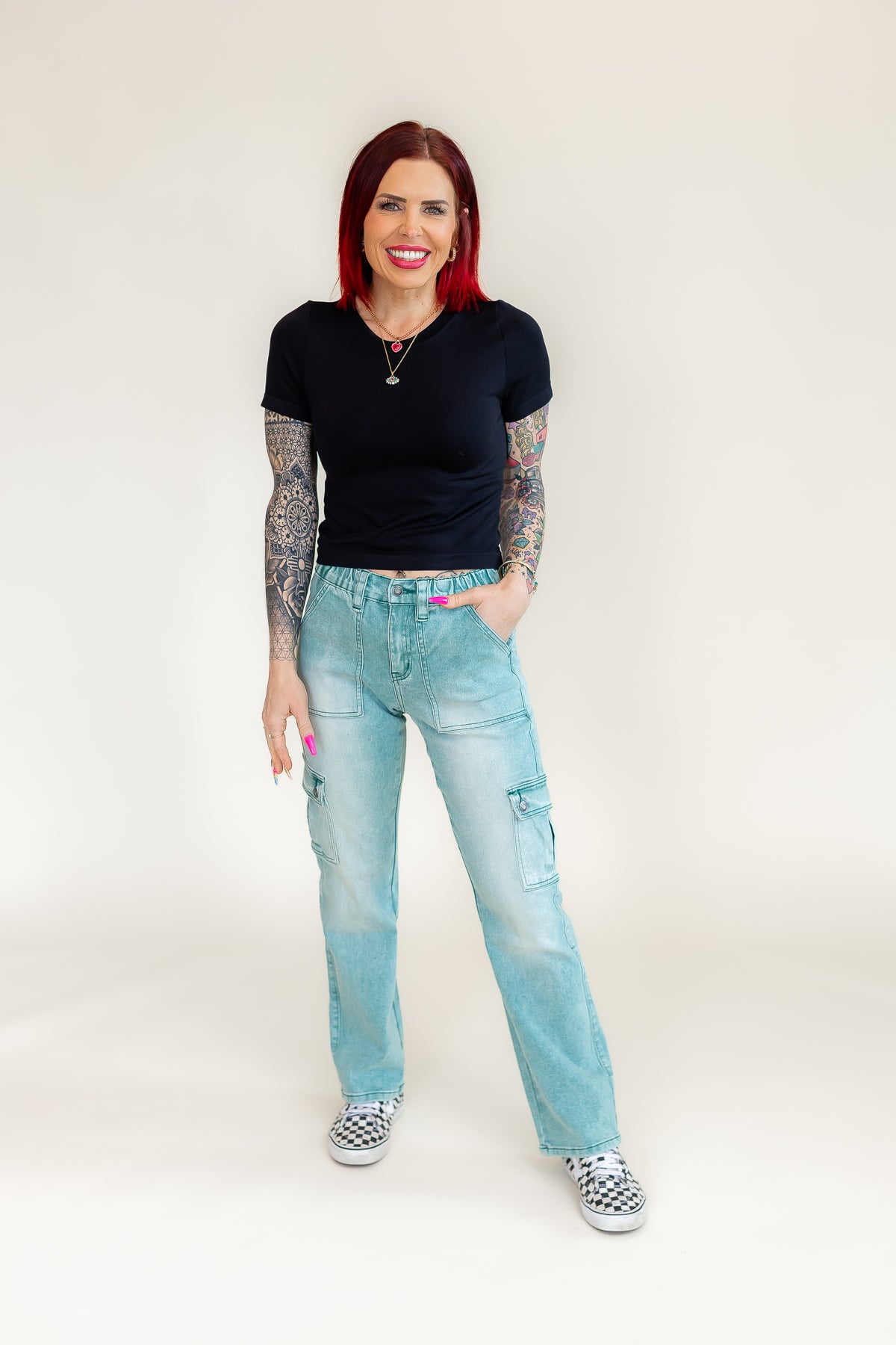 Teal Cargo Stretch Denim 7/8 Crop