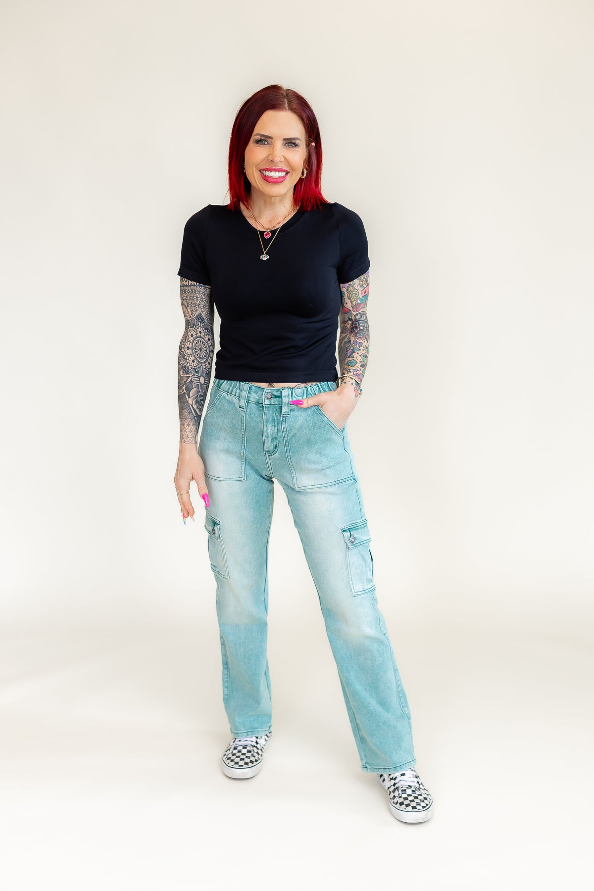 Teal Cargo Stretch Denim 7/8 Crop