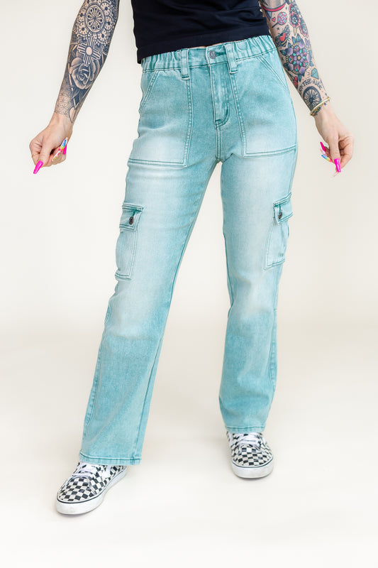 Teal Cargo Stretch Denim 7/8 Crop