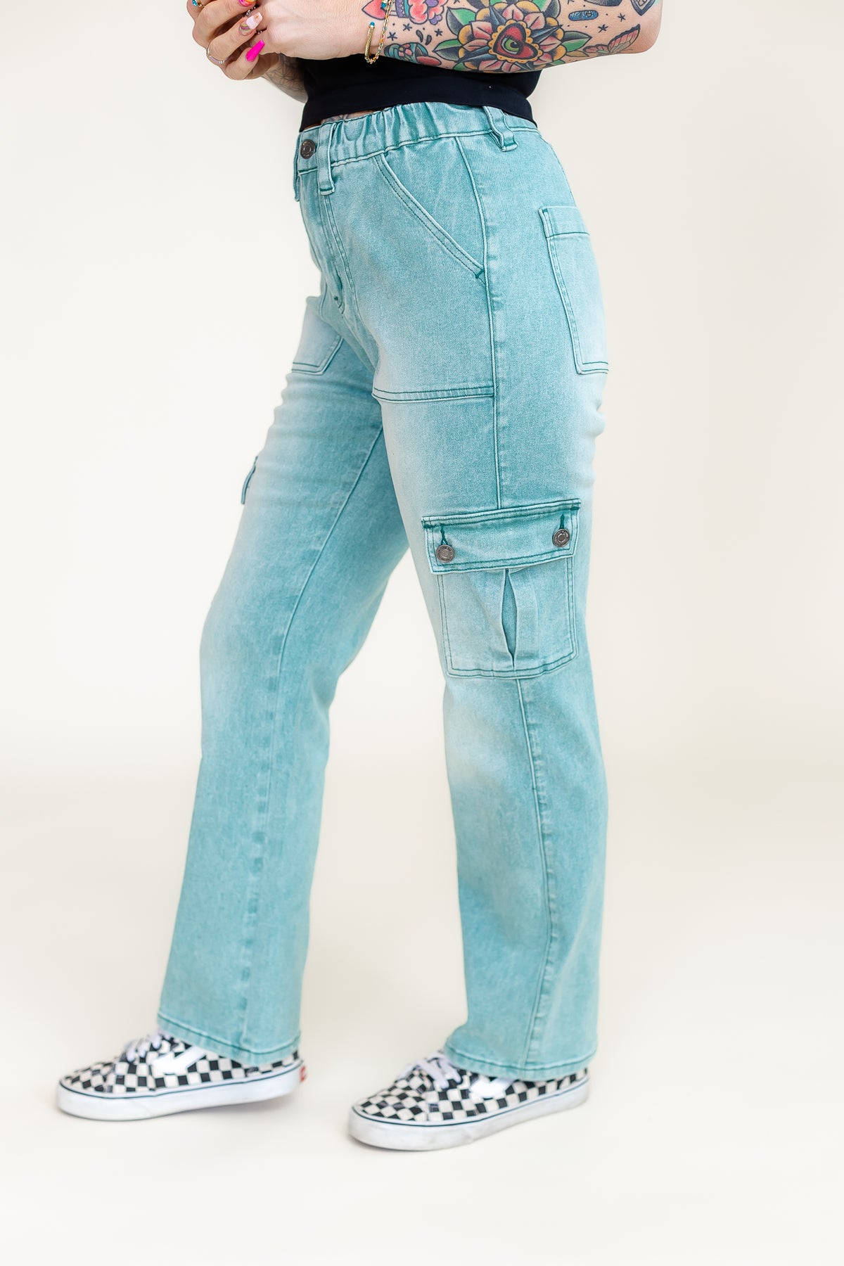 Teal Cargo Stretch Denim 7/8 Crop