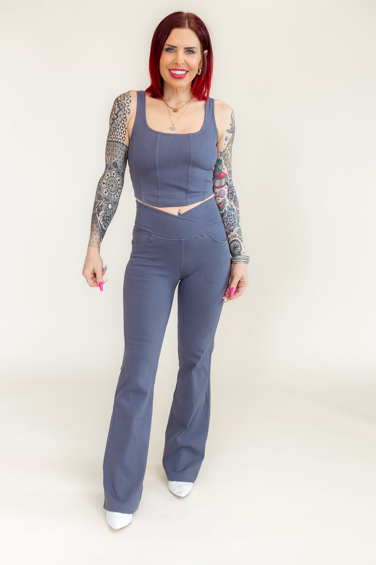 Stretchy Gray Crossover Waist Flare Pants