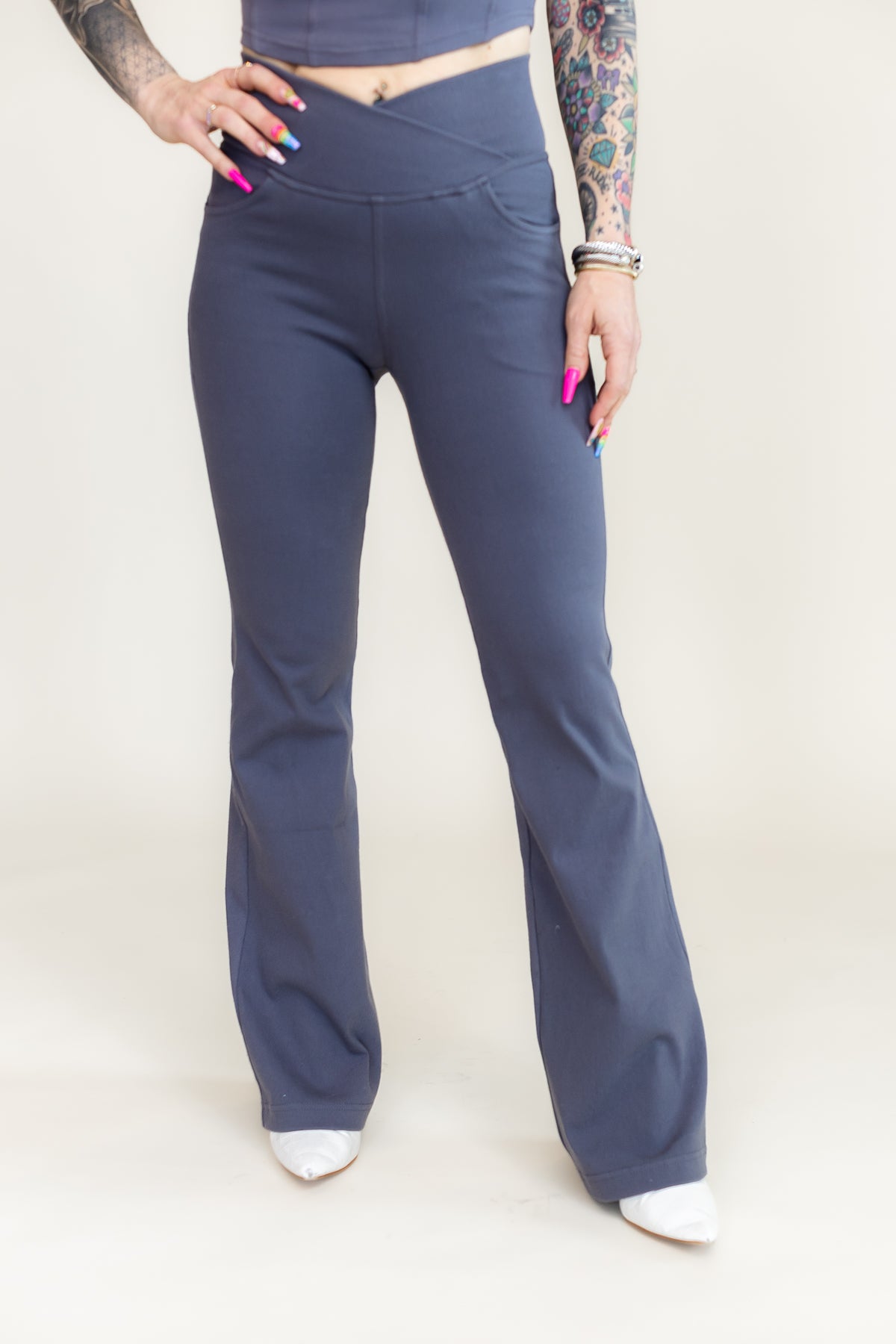 Stretchy Gray Crossover Waist Flare Pants