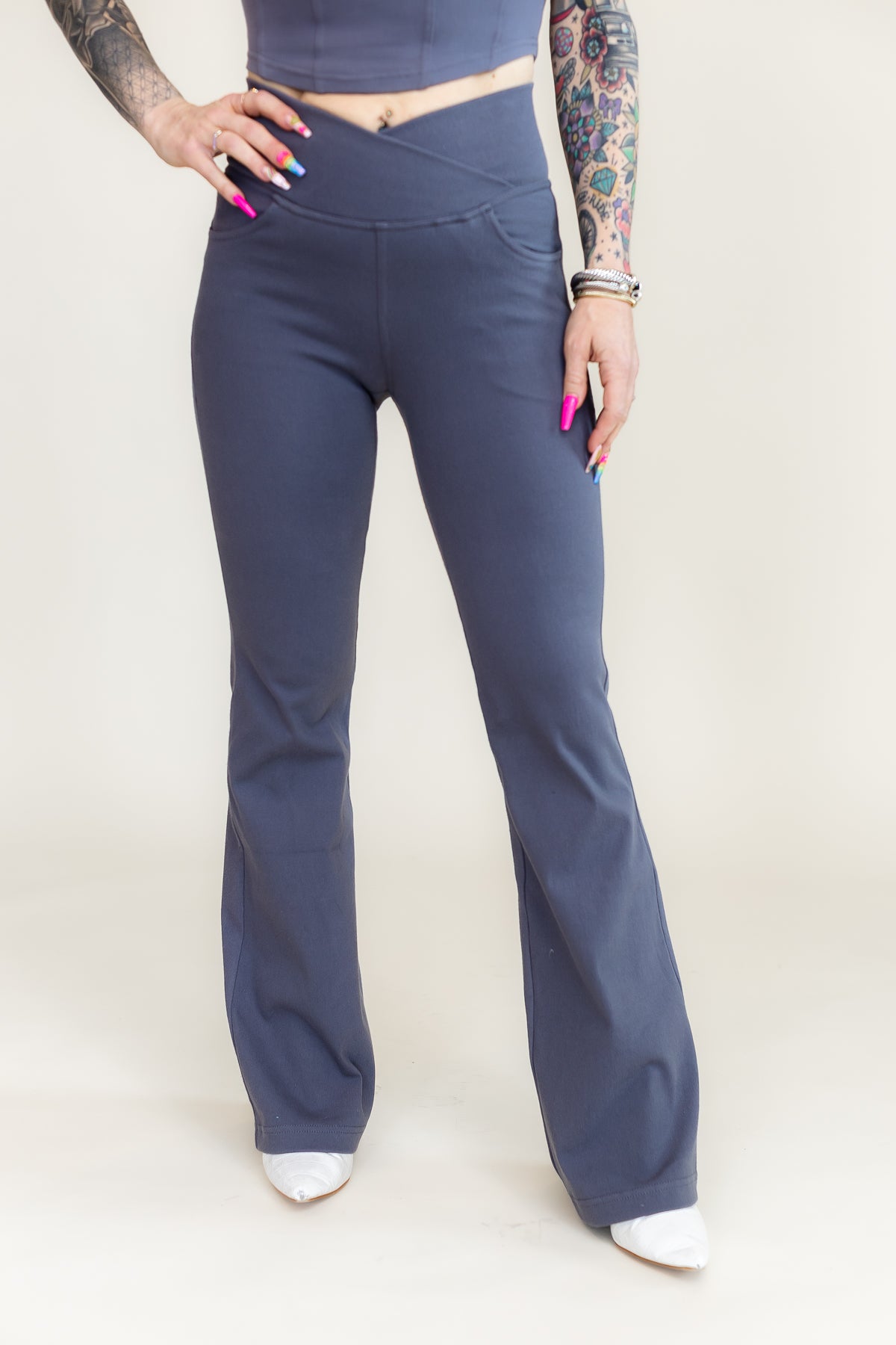 Stretchy Gray Crossover Waist Flare Pants