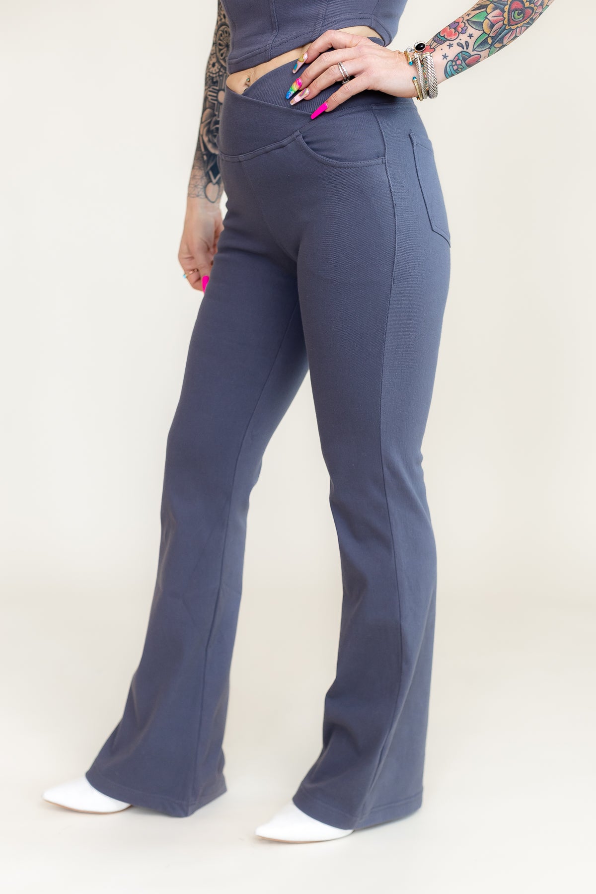 Stretchy Gray Crossover Waist Flare Pants