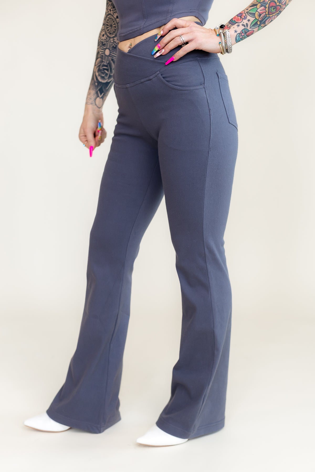 Stretchy Gray Crossover Waist Flare Pants