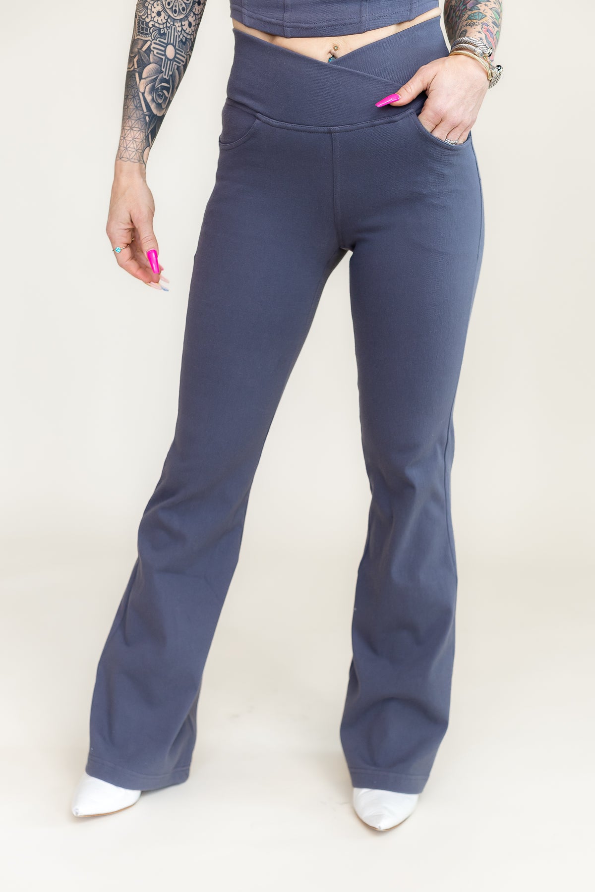 Stretchy Gray Crossover Waist Flare Pants