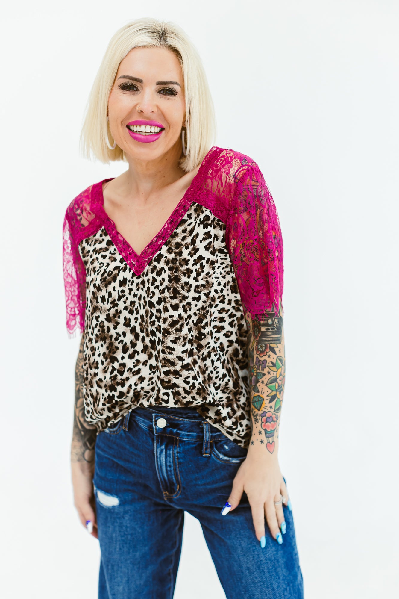 Cheetah Girl Laced Detailed Vneck Top -T19