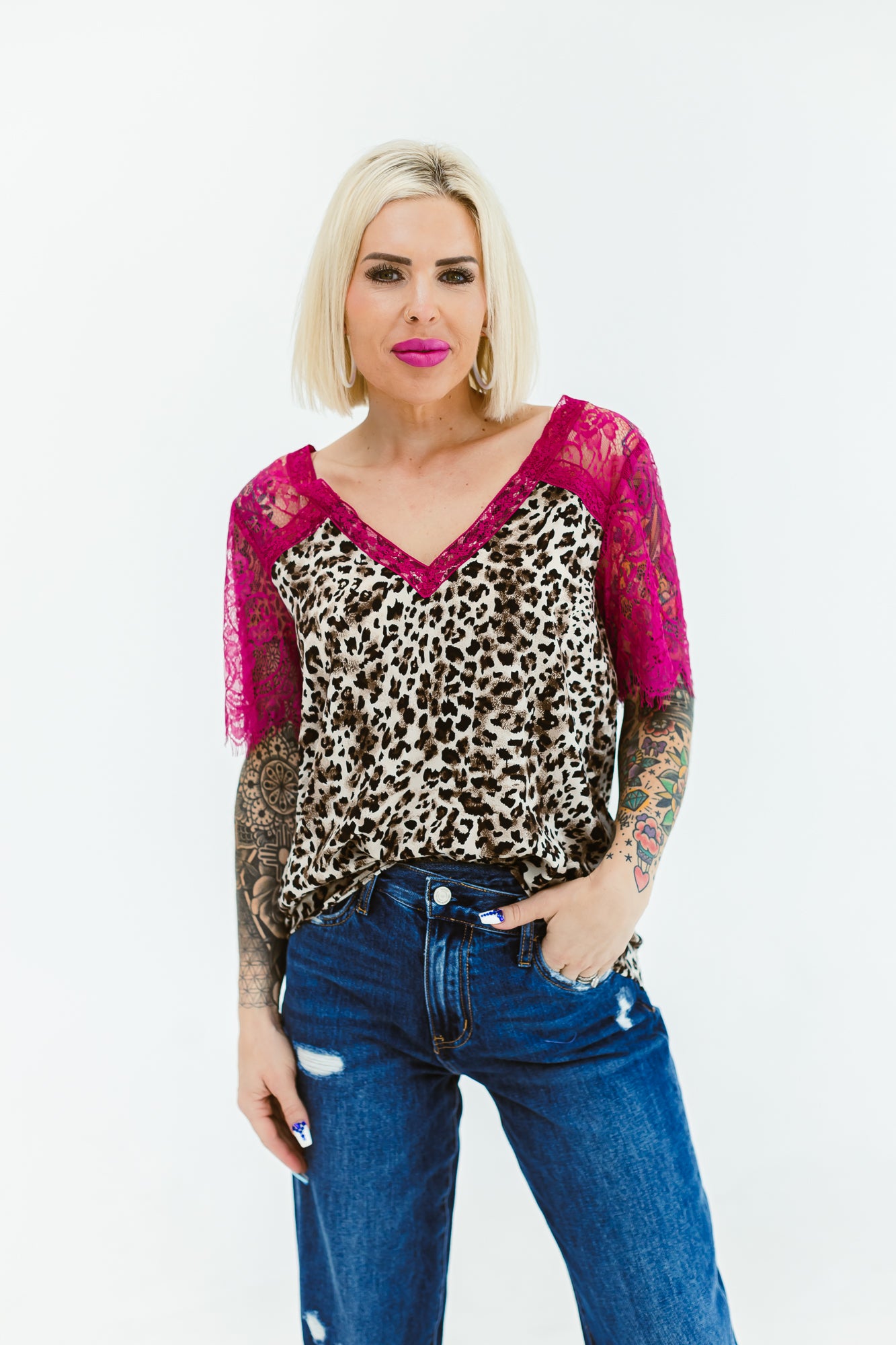 Cheetah Girl Laced Detailed Vneck Top -T19