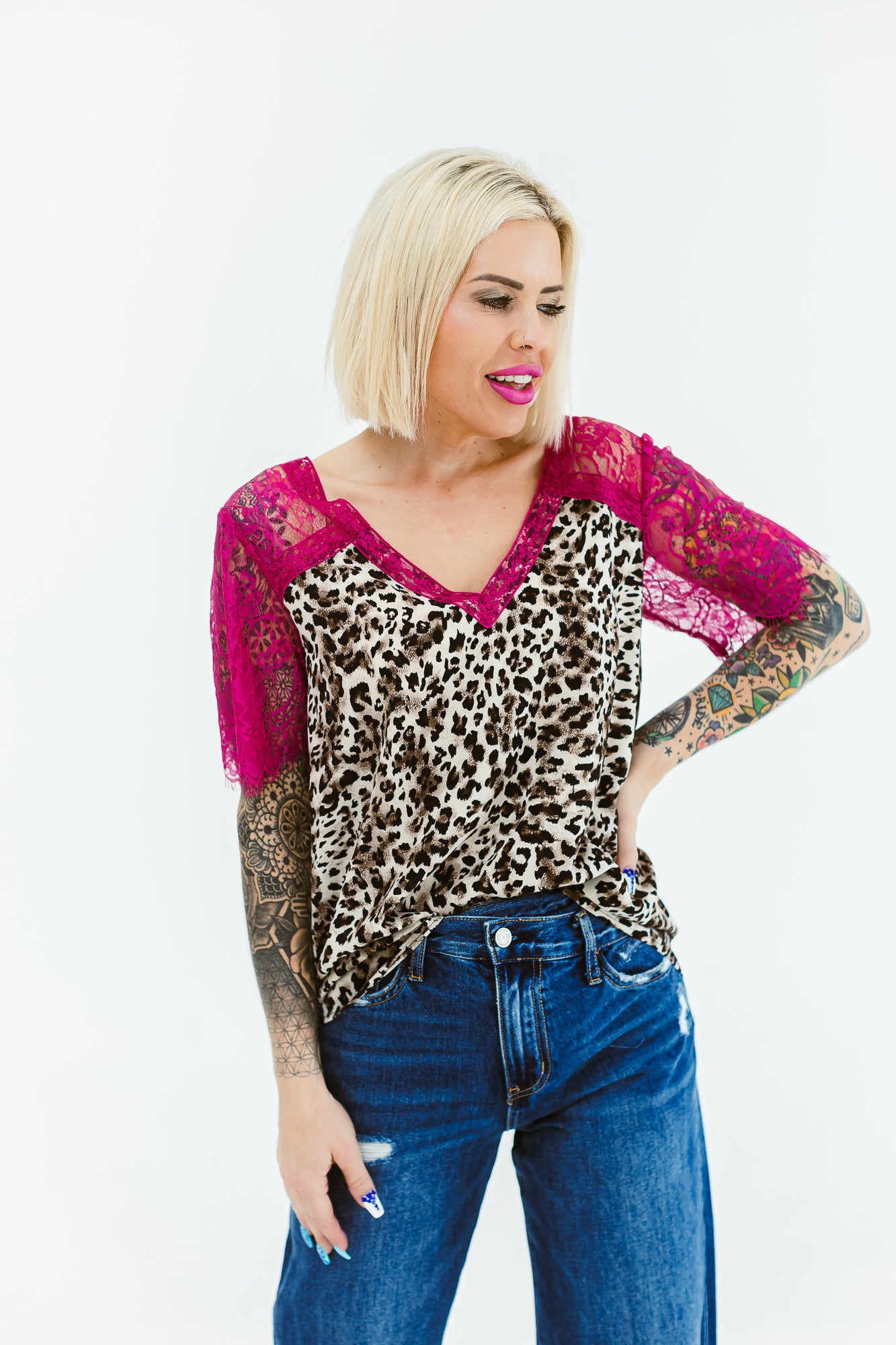 Cheetah Girl Laced Detailed Vneck Top -T19