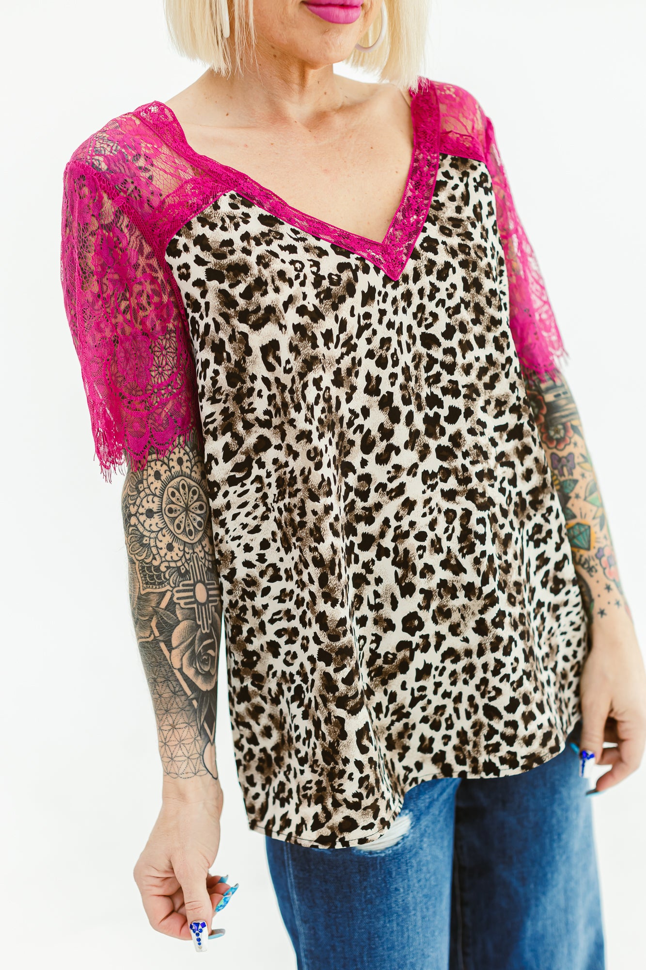 Cheetah Girl Laced Detailed Vneck Top -T19