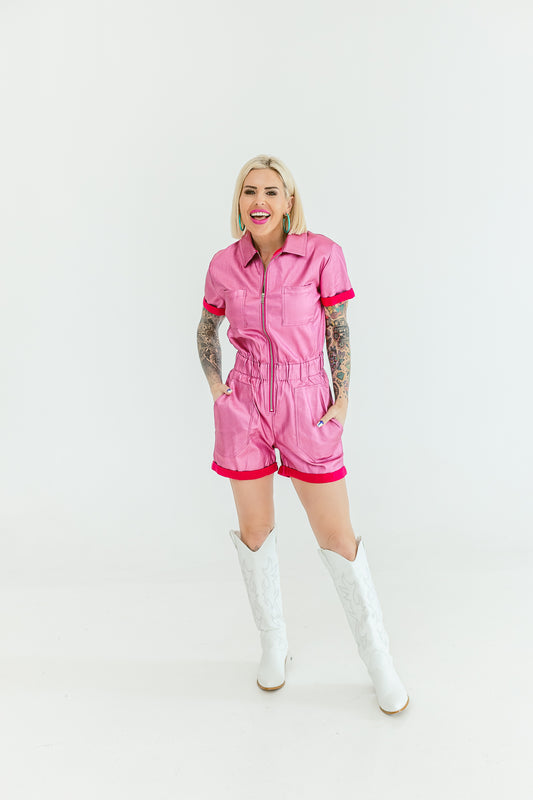 Make Me Crazy Pink Metallic Romper - R02