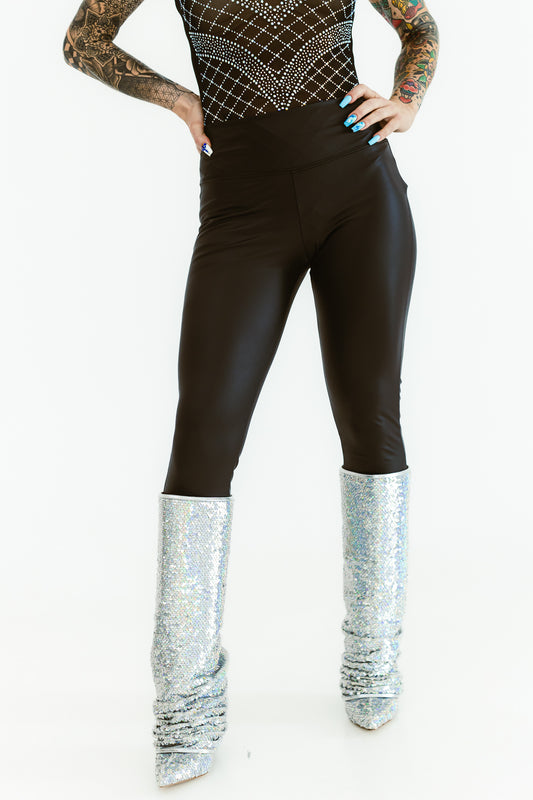 Talk Of The Town Black Faux Leather Legging Wide Band- P01