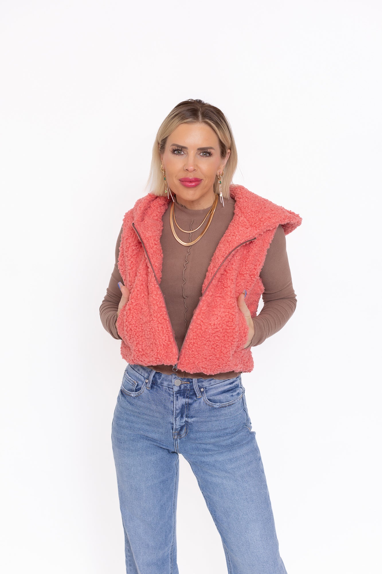 Comfort Cutie Tea Rose Fluffy Full Zip Cropped Hooded Vest -O23