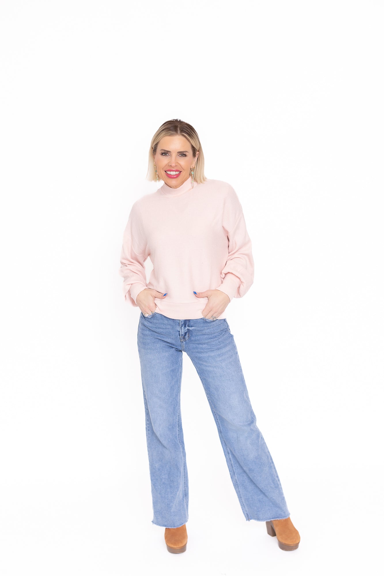 Try Something New Dusty Pink Ribbed Ballon Sleeve Top -T145