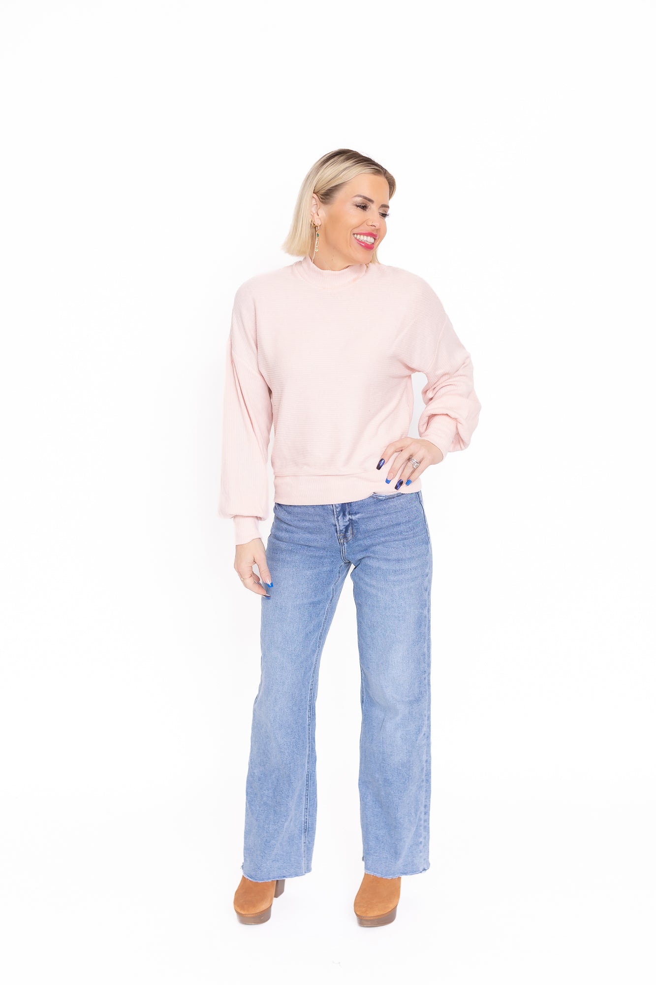 Try Something New Dusty Pink Ribbed Ballon Sleeve Top -T145