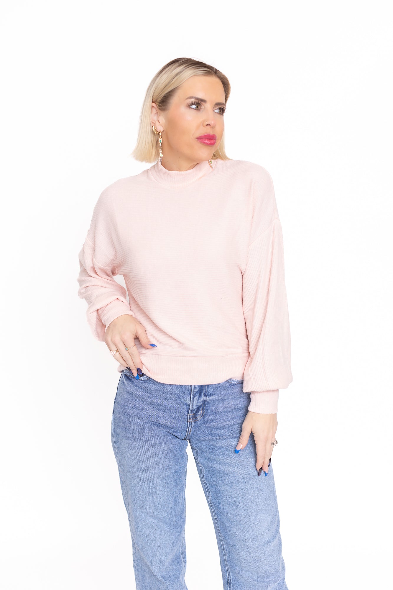 Try Something New Dusty Pink Ribbed Ballon Sleeve Top -T145