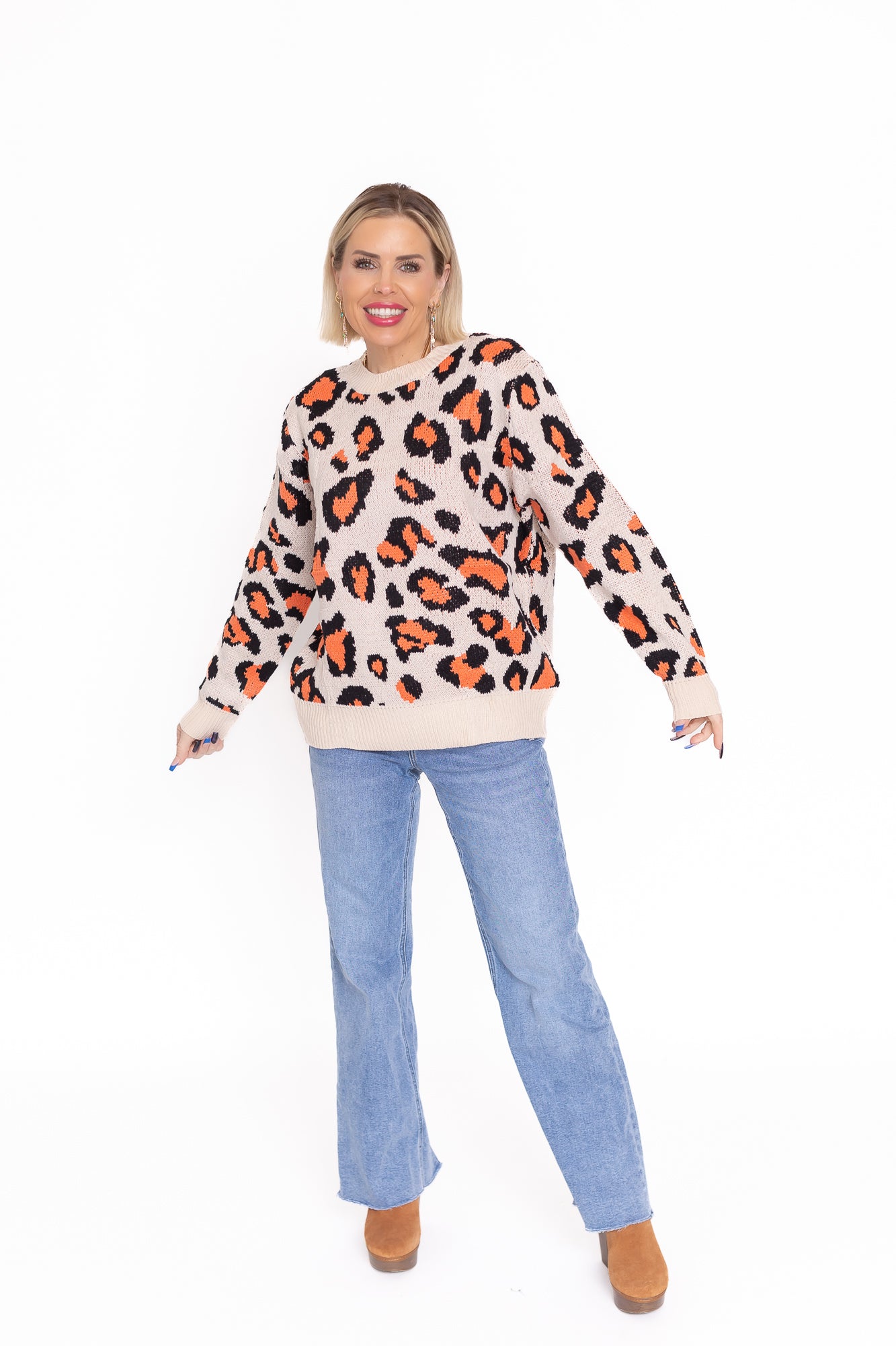 Life is Good Beige Sweater With Coral Leopard Detailing -T143