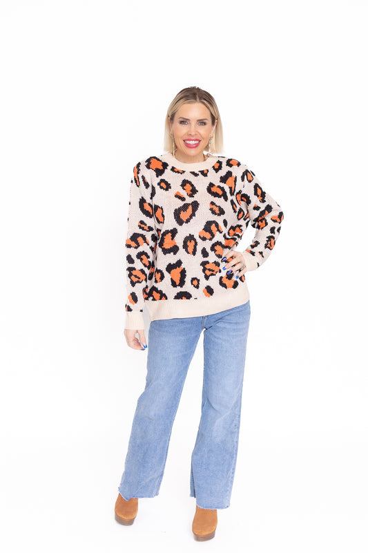 Life is Good Beige Sweater With Coral Leopard Detailing -T143