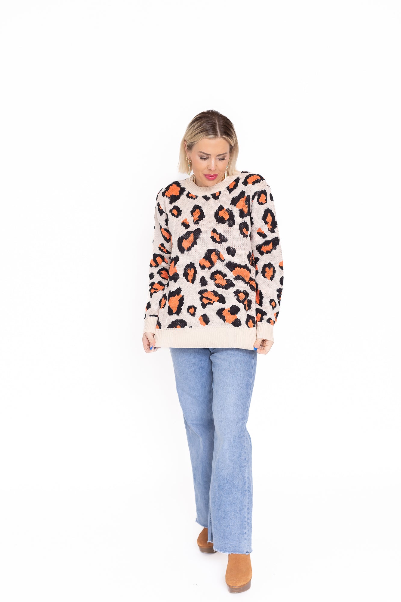 Life is Good Beige Sweater With Coral Leopard Detailing -T143