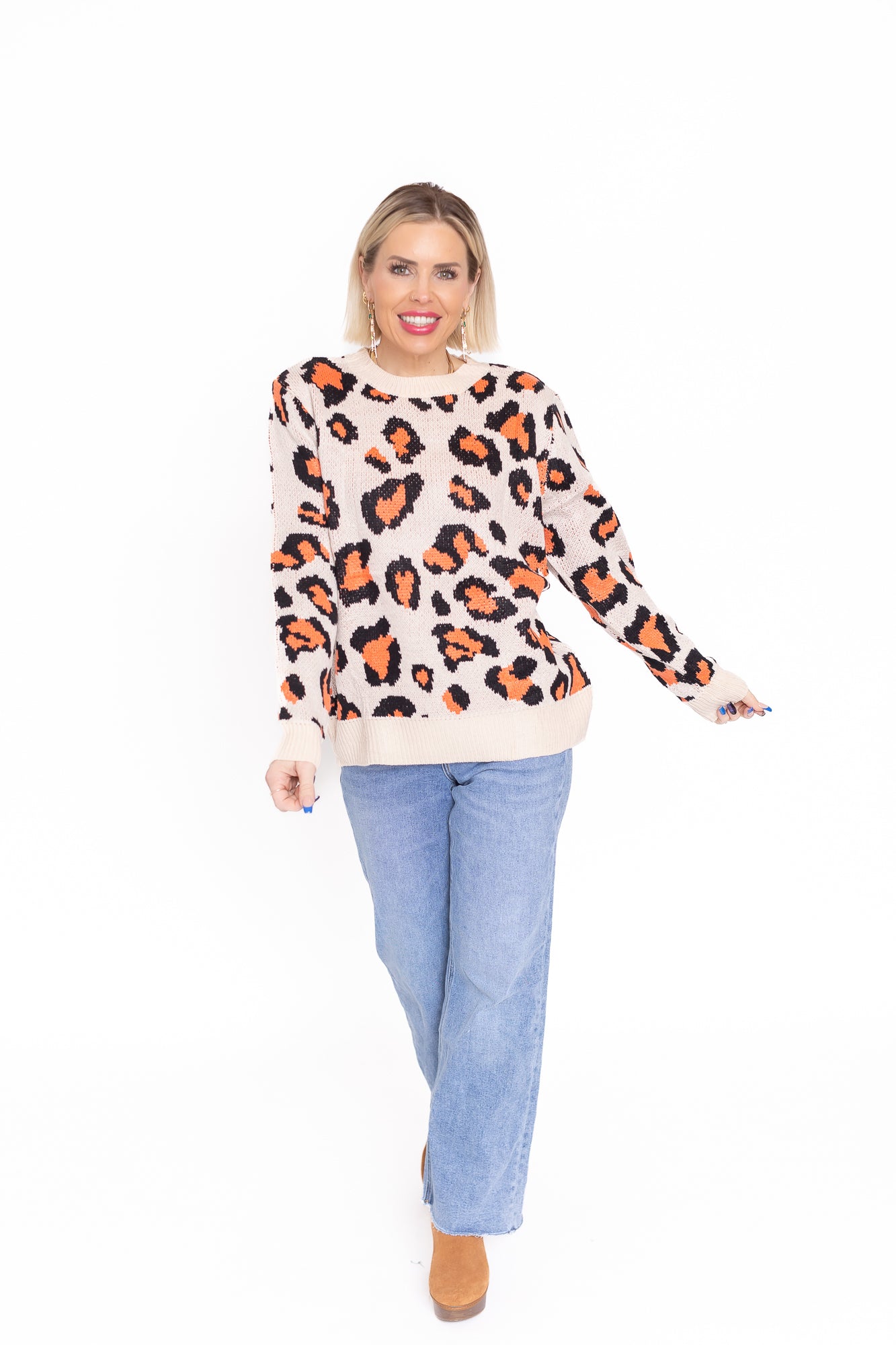 Life is Good Beige Sweater With Coral Leopard Detailing -T143