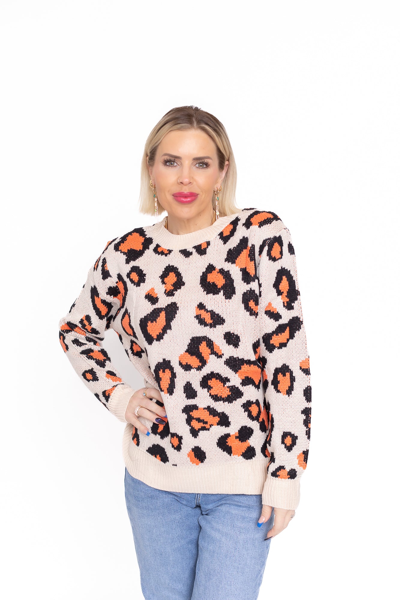 Life is Good Beige Sweater With Coral Leopard Detailing -T143