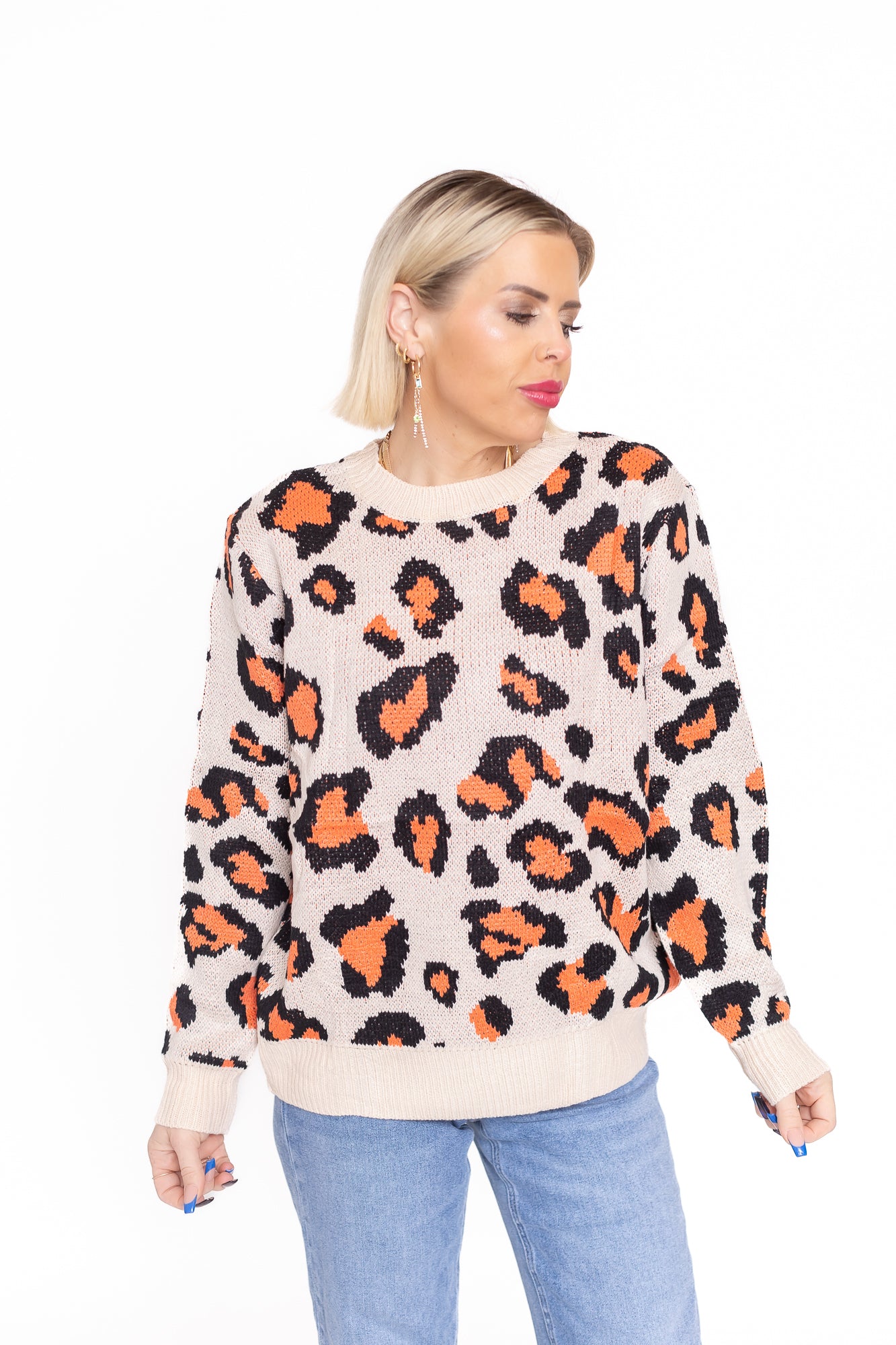 Life is Good Beige Sweater With Coral Leopard Detailing -T143