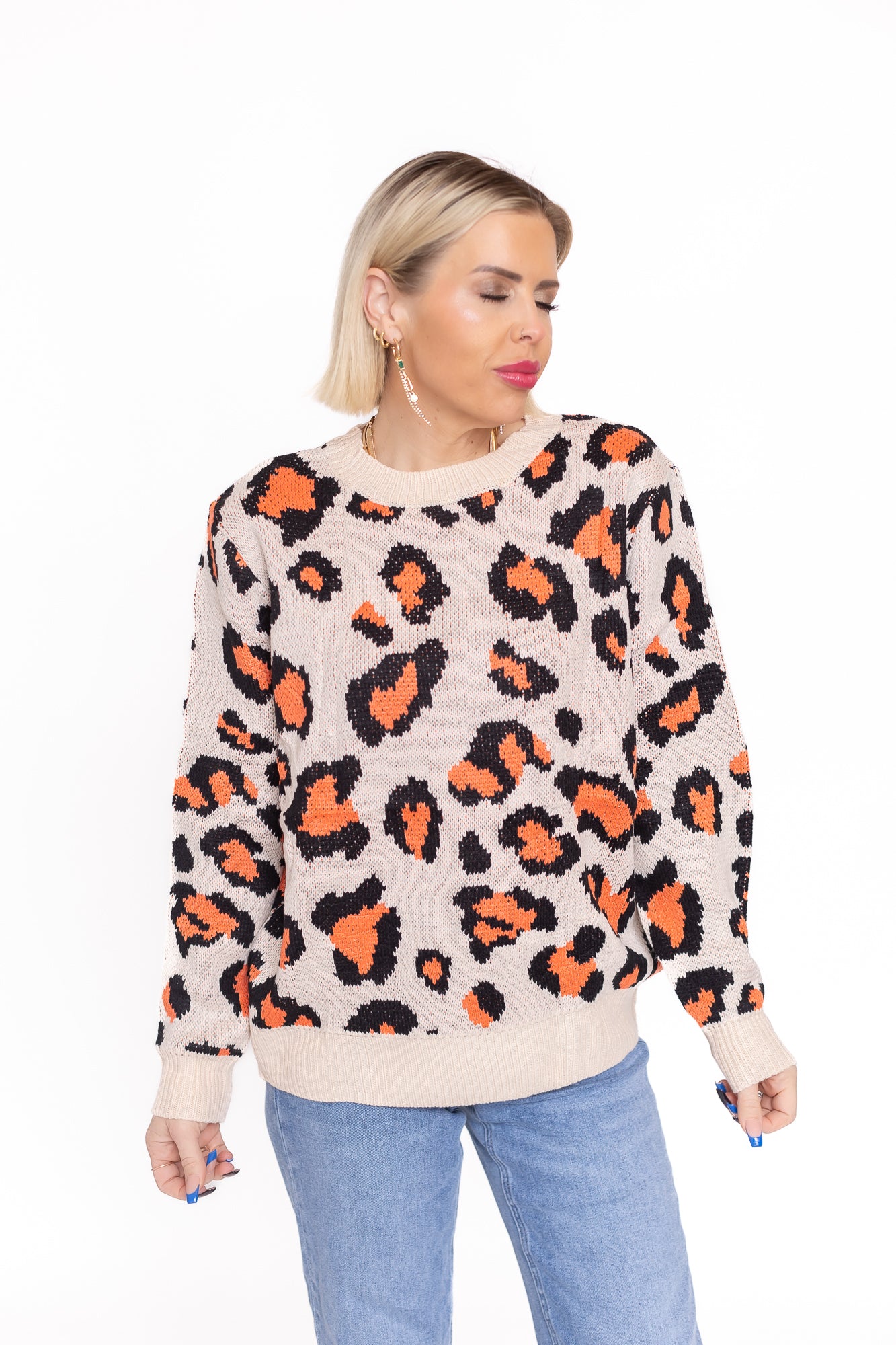 Life is Good Beige Sweater With Coral Leopard Detailing -T143