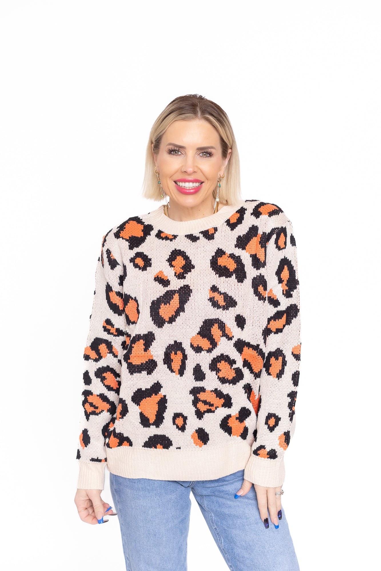 Life is Good Beige Sweater With Coral Leopard Detailing -T143