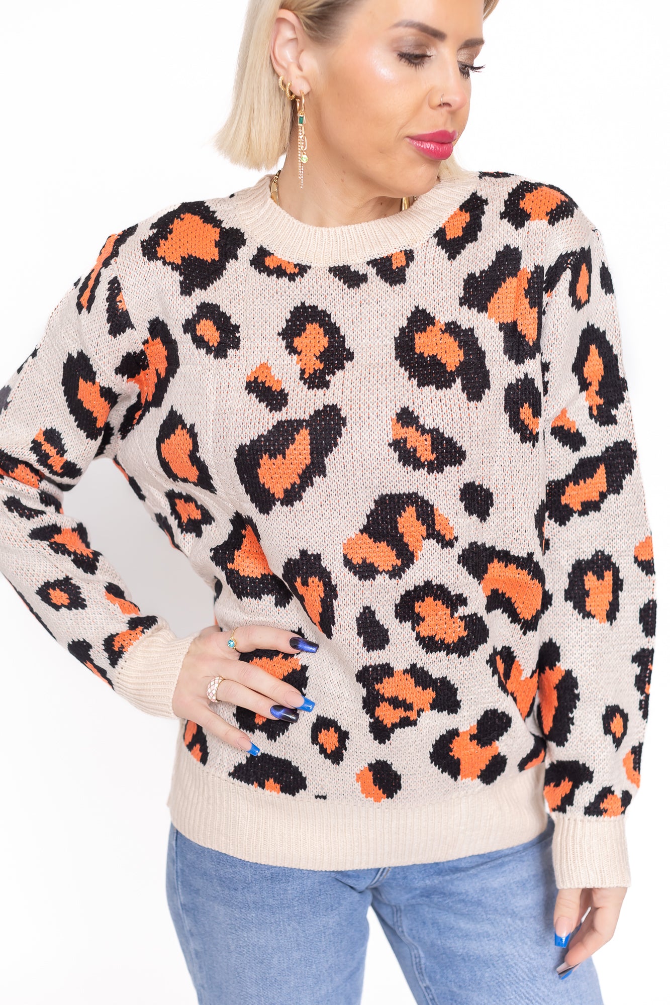 Life is Good Beige Sweater With Coral Leopard Detailing -T143