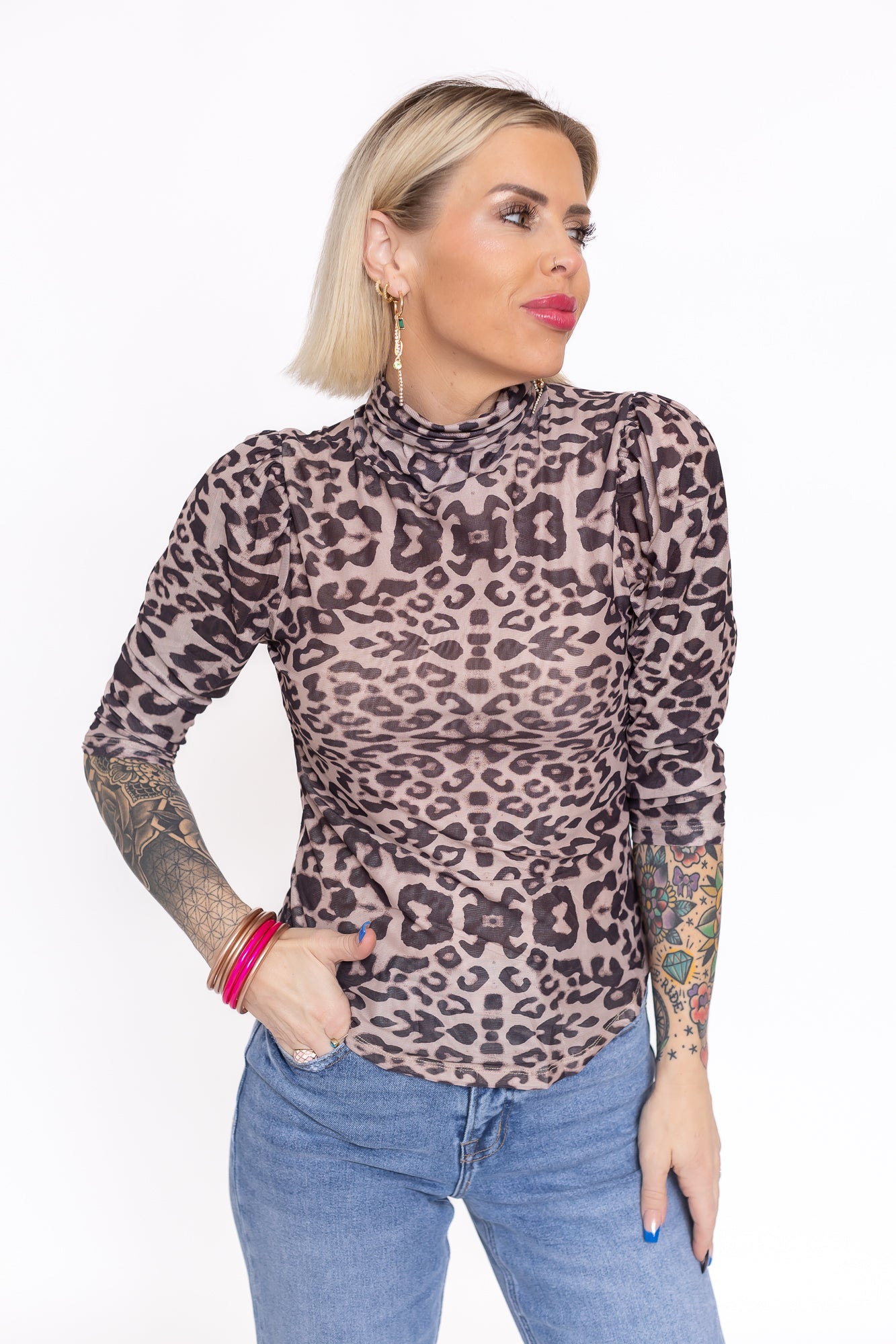 Queen Of This Jungle Turtle Neck 3/4th Sleeve Leopard mesh Top -T133