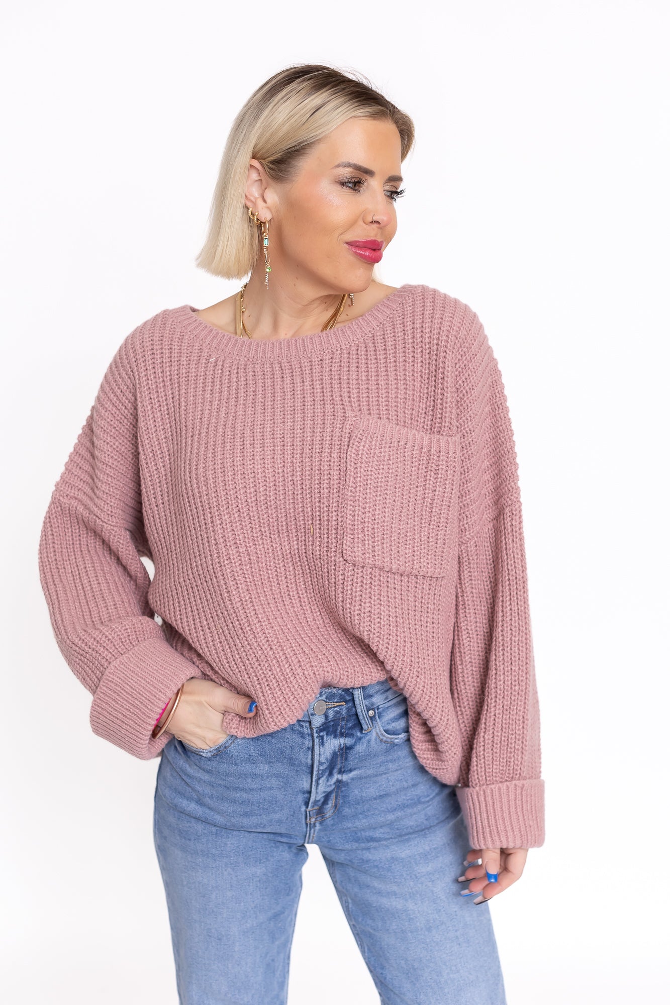 Back To Bliss Oversized Bell Sleeve Sweater Mauve Pink -T142