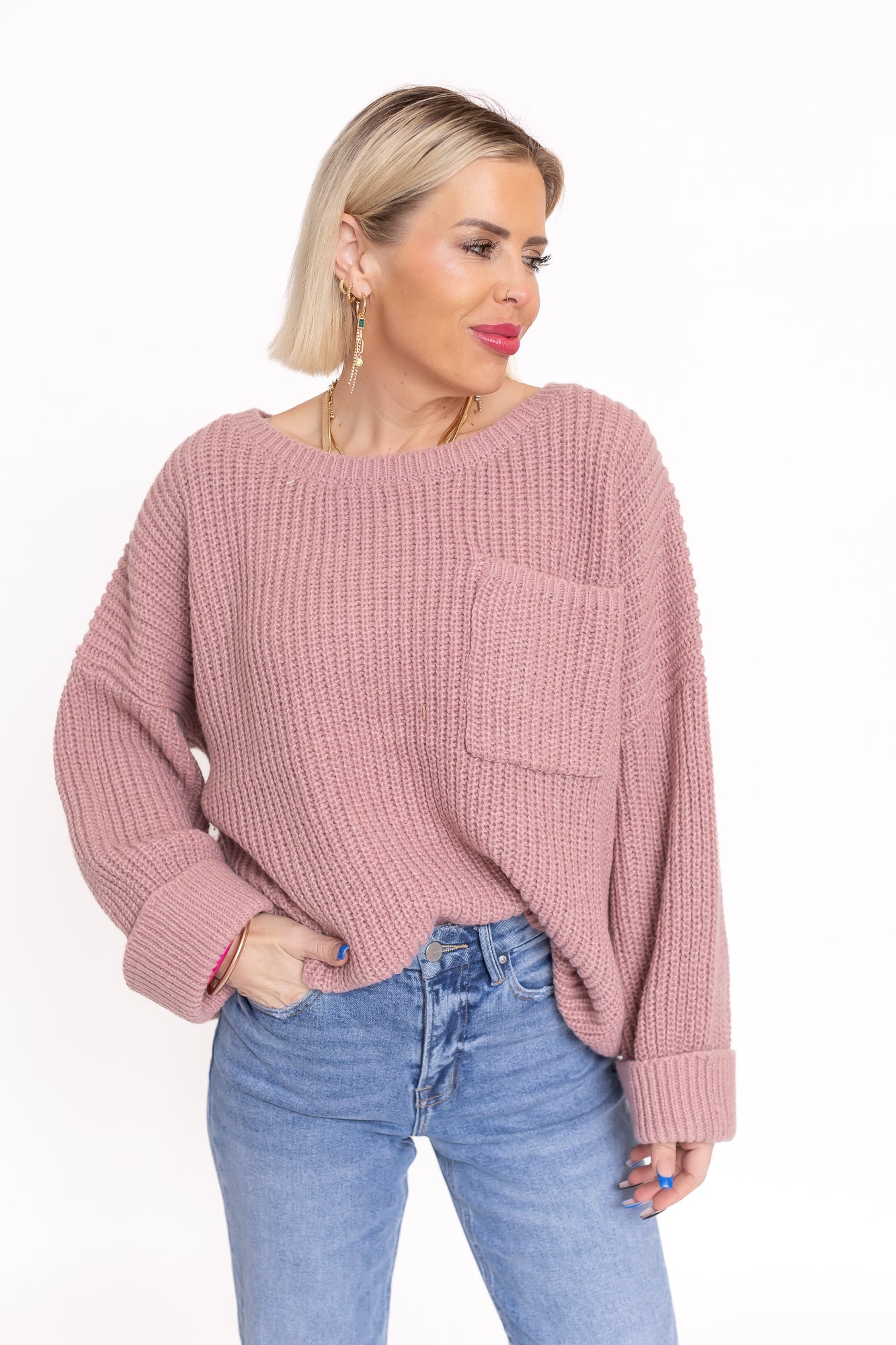 Back To Bliss Oversized Bell Sleeve Sweater Mauve Pink -T142