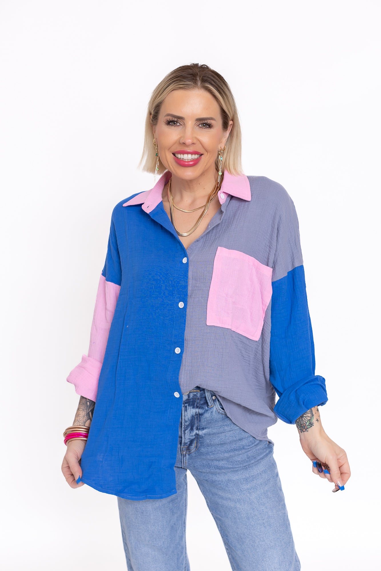 Happy Day Color Block Button Up Blouse -T140