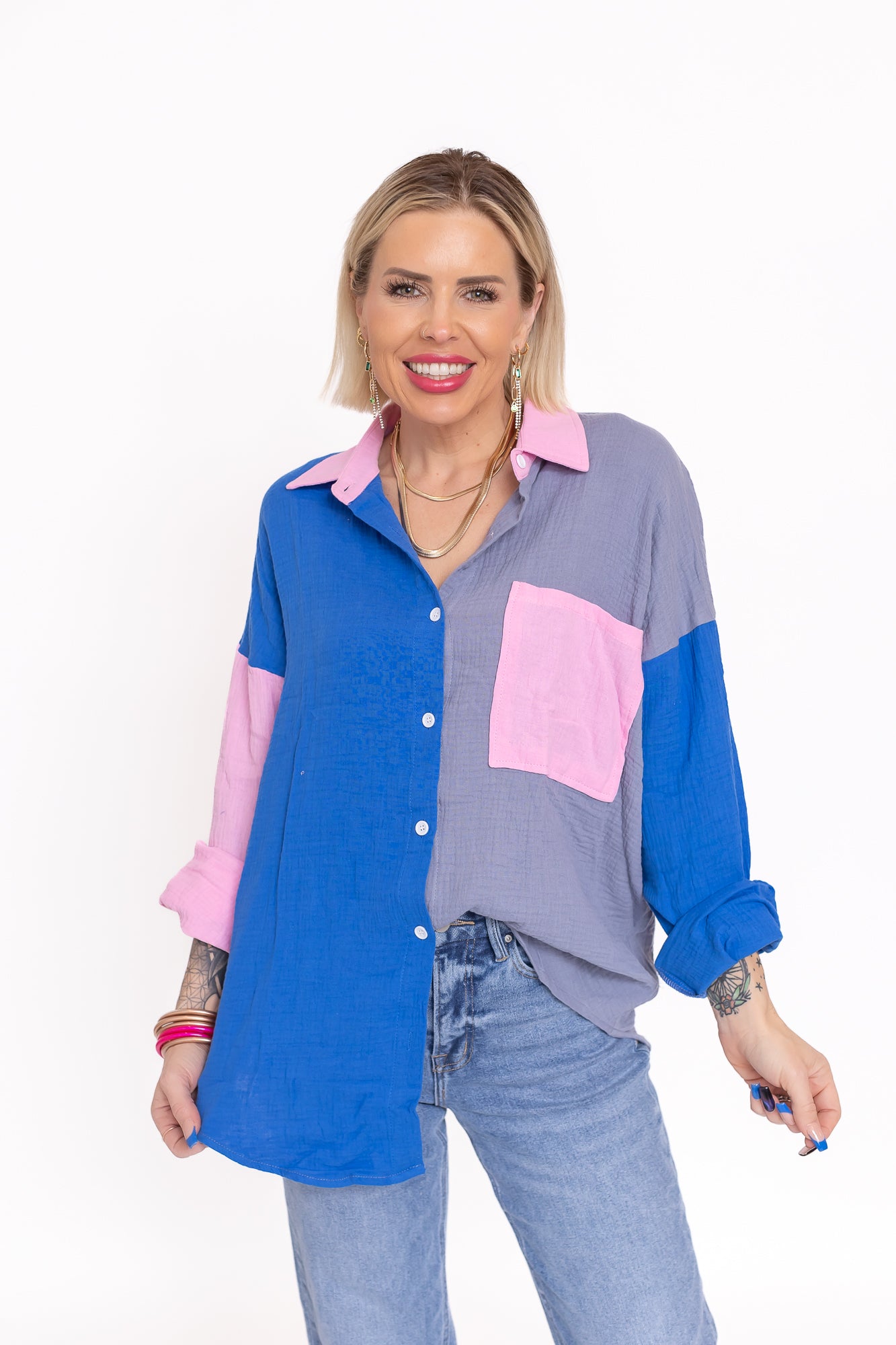 Happy Day Color Block Button Up Blouse -T140