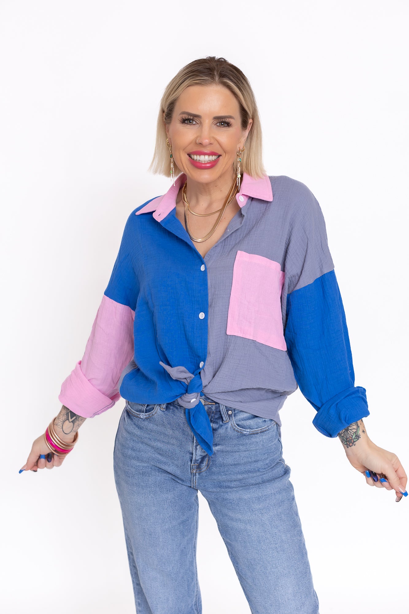 Happy Day Color Block Button Up Blouse -T140